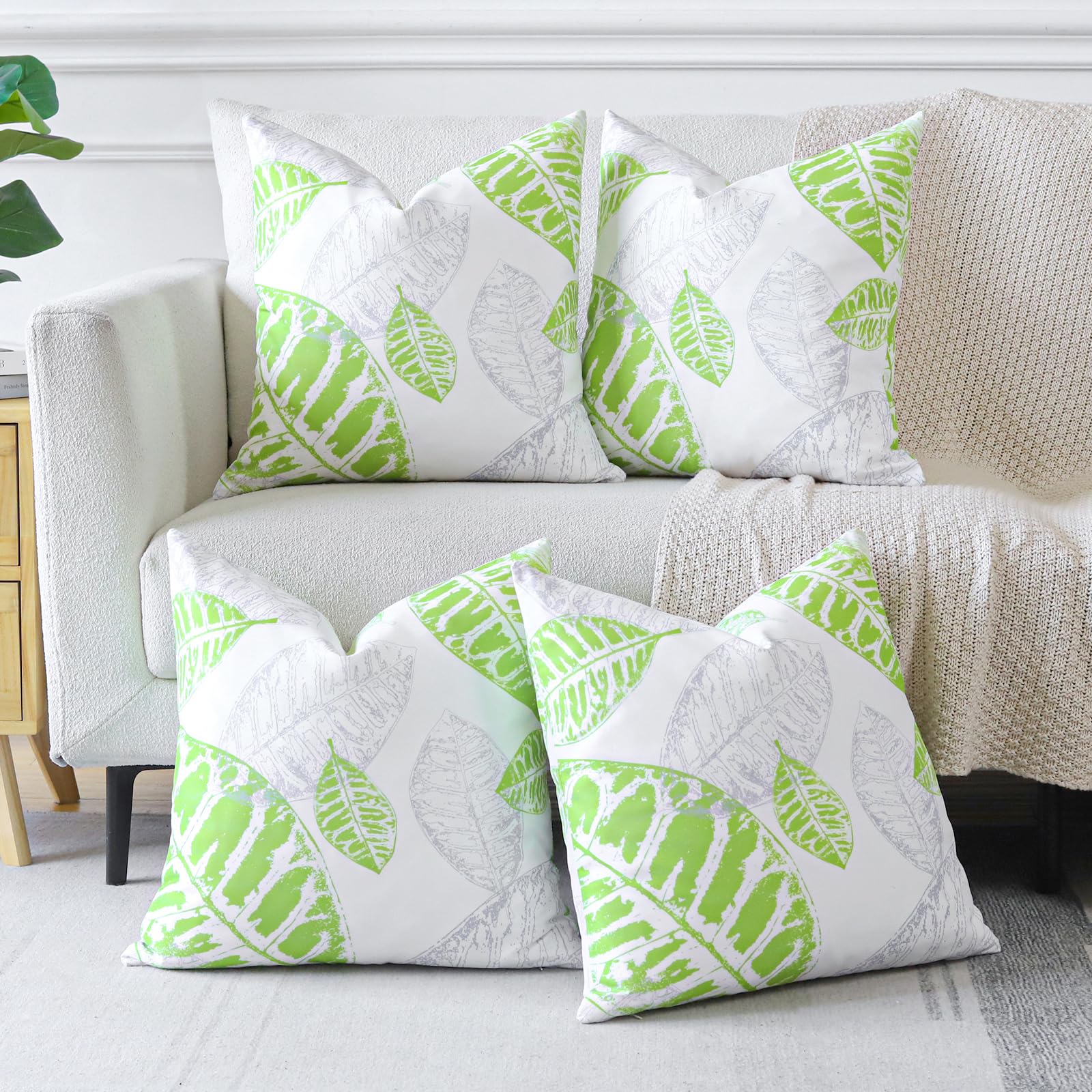 Sungeek Set of 4 Leaf Print Decorative Cushion Covers Soft Pillow Covers with Invisible Zipper Square Throw Pillow Cases for Sofa Bed Patio Farmhouse Outdoor (Green+Light Grey, 45x45 cm)