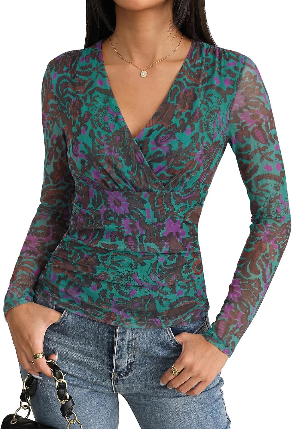 GRACE KARIN Womens Boho Mesh Tops Long Sleeve Dressy Blouse Dark Green M