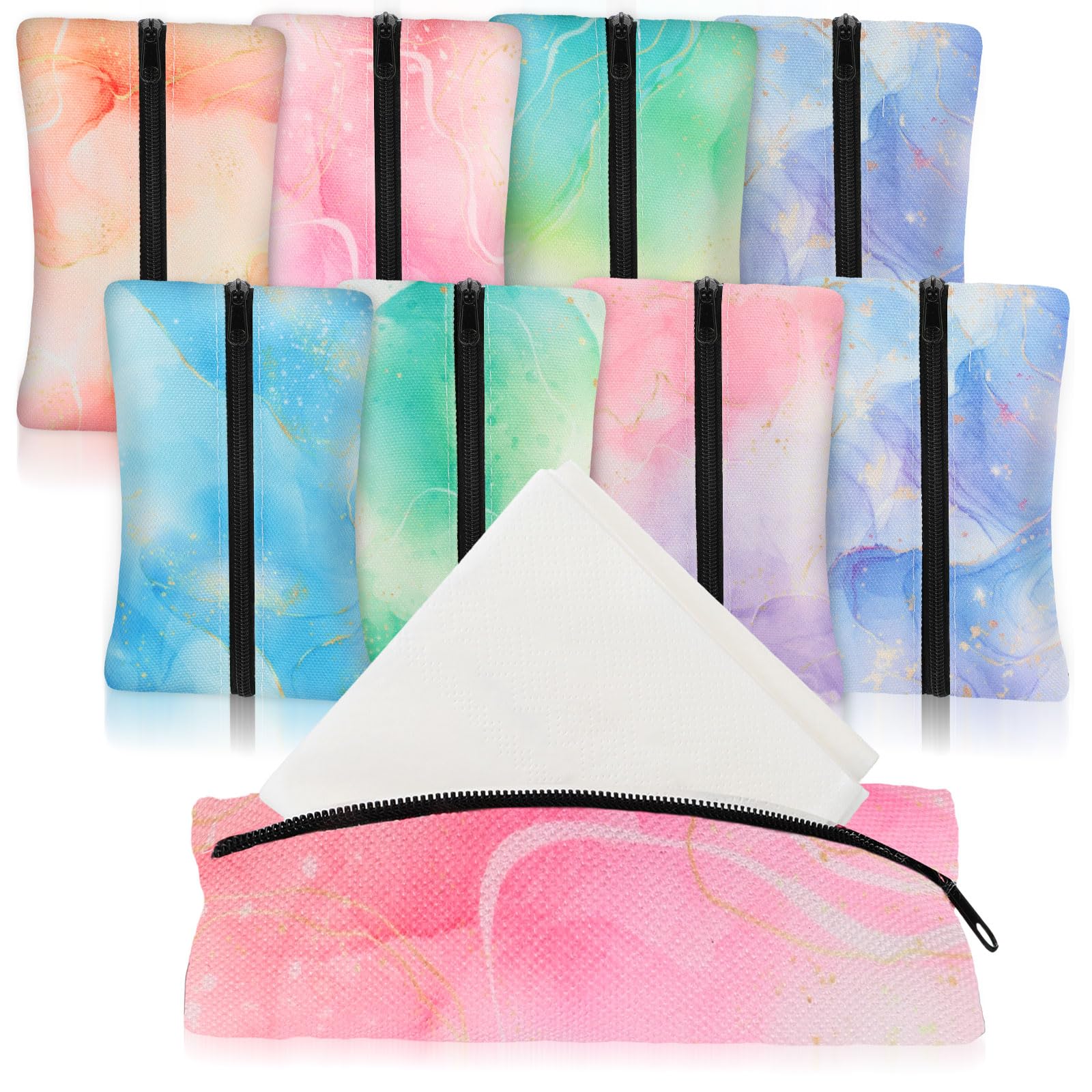 8 Pieces Pocket Tissue Holder Reusable Tissues Purse Fabric Travel Tissue Pocket Small Zipper Enclosed Tissue Packs Purse Pouch for Coins Office Home Shop Car 5.2 x 3.2 Inch (Watercolor Style)