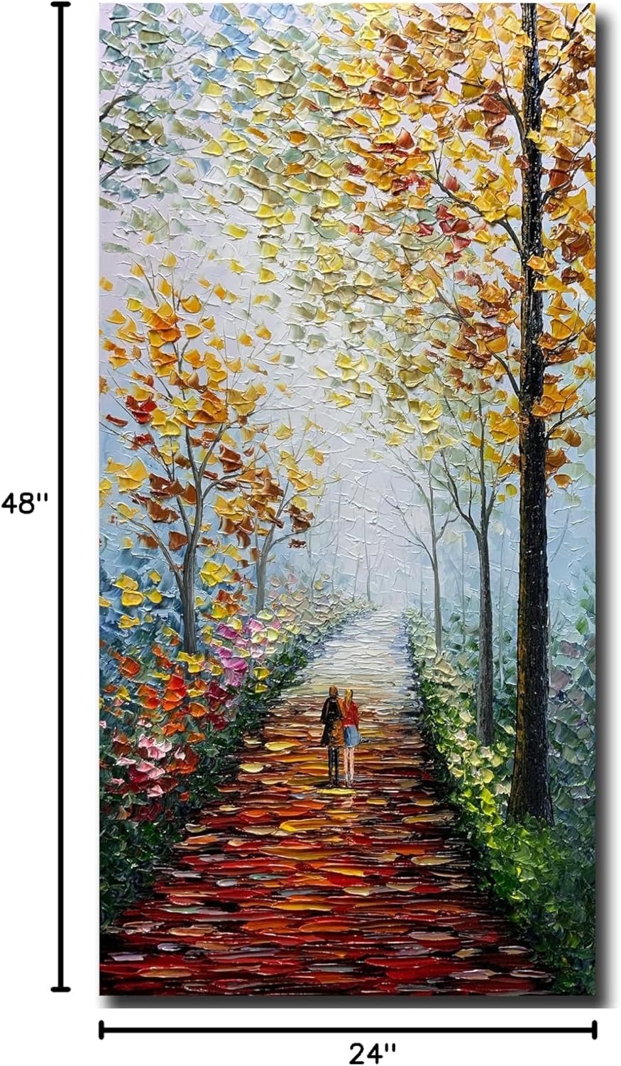 V-inspire art,24x48 inch Modern 100% Hand-Painted Oil Painting - Romantic and colorful afternoon path - Rustic Style Home Furnishing Canvas Painting Decoration 3D Abstract Mural Painting Frame Wall