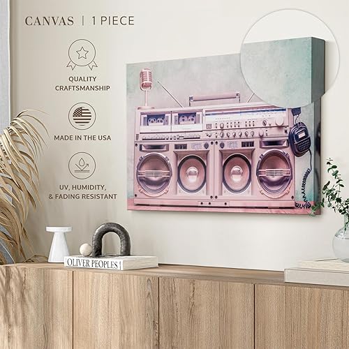 Miniatura 6 de Elephant Stock Arte de pared retro Boombox - Lienzo envuelto horizontalmente - Decoración de pared de sala de estar de 1 pieza - Impresión en lienzo