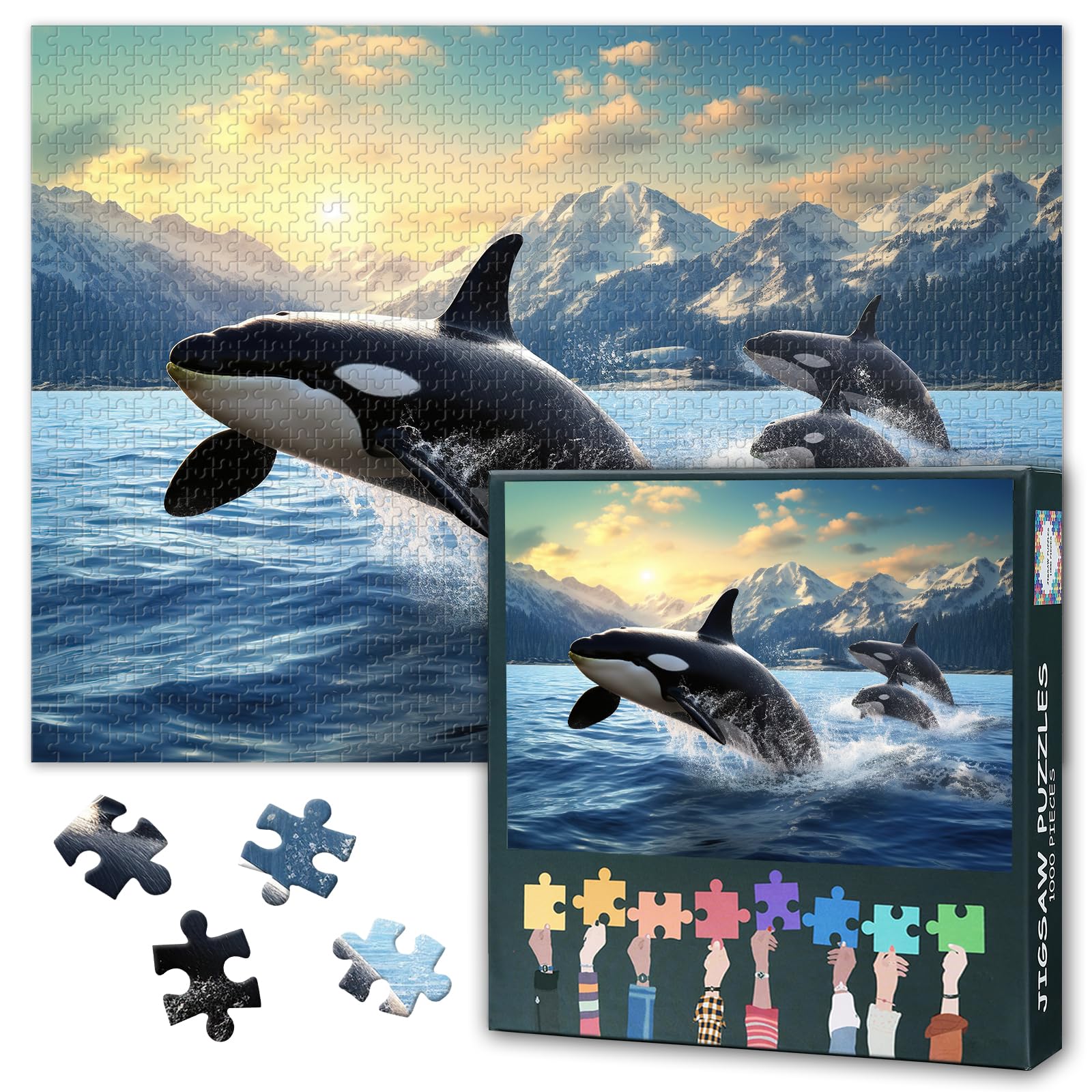 Jigsaw Puzzle 1000 Pieces for Adults Killer Whale Orca Pair Leaping from Ocean Waves Marine Wildlife Action Scene Aquatic Mammals Educational Puzzle 27.5x19.7 Inch