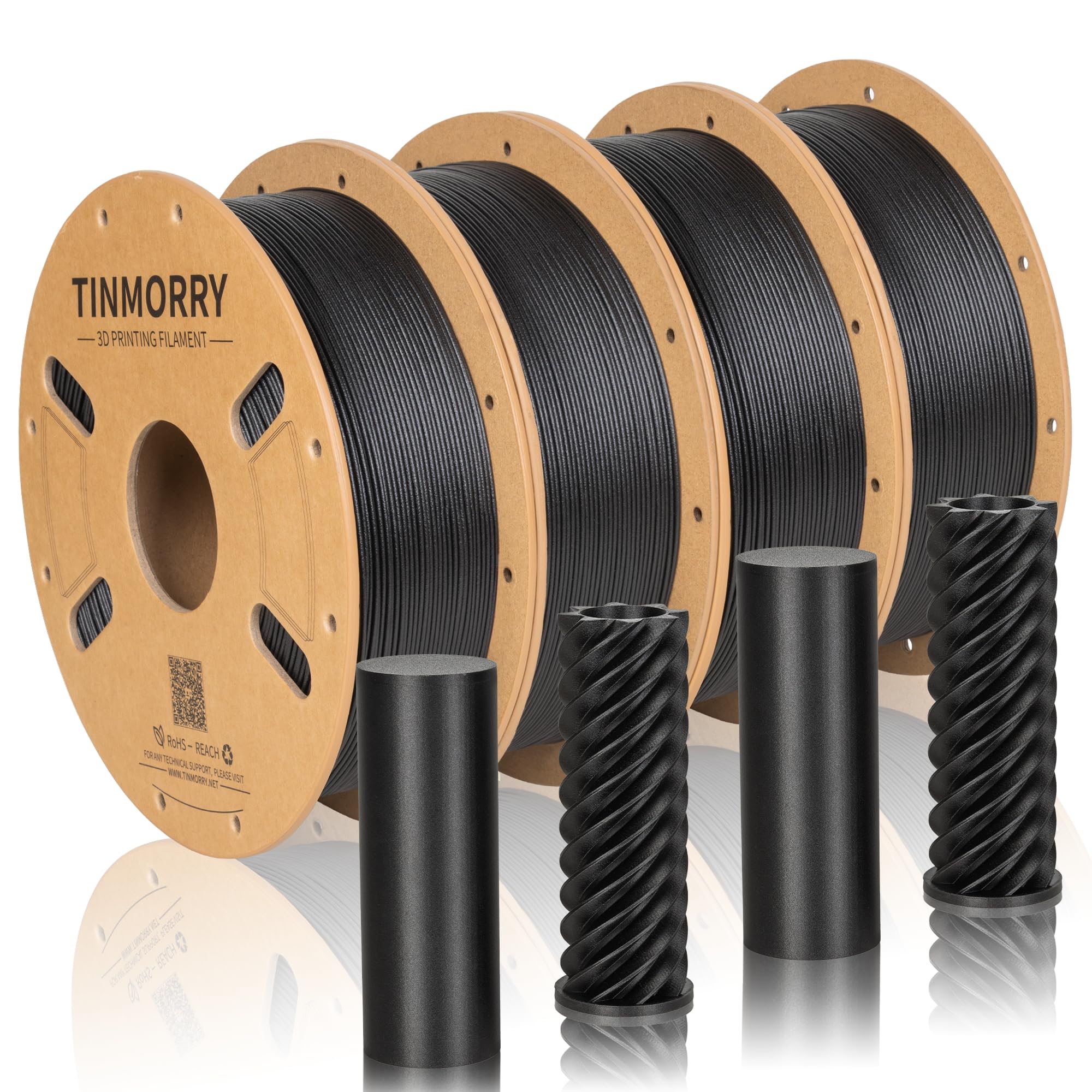 TINMORRY Filamento PETG GF 1,75 mm, filamento impresora 3D 1kg X4 Negro mate