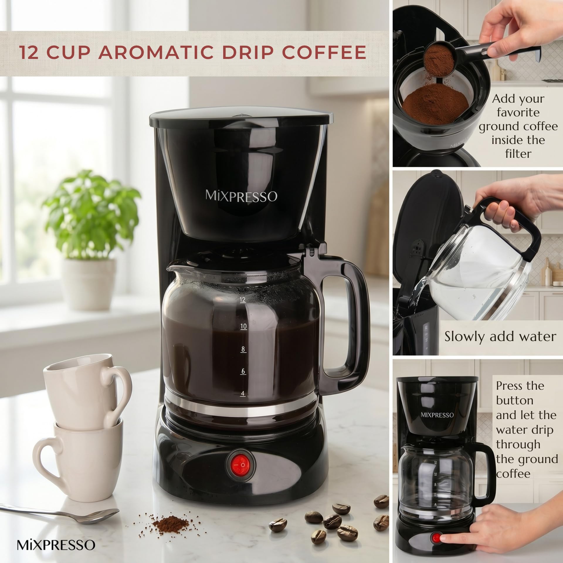 Coffeemaker ブラック・シルバー 約12カップ Amazon | 12-Cup Drip Coffee Maker, Coffee Pot Machine Including