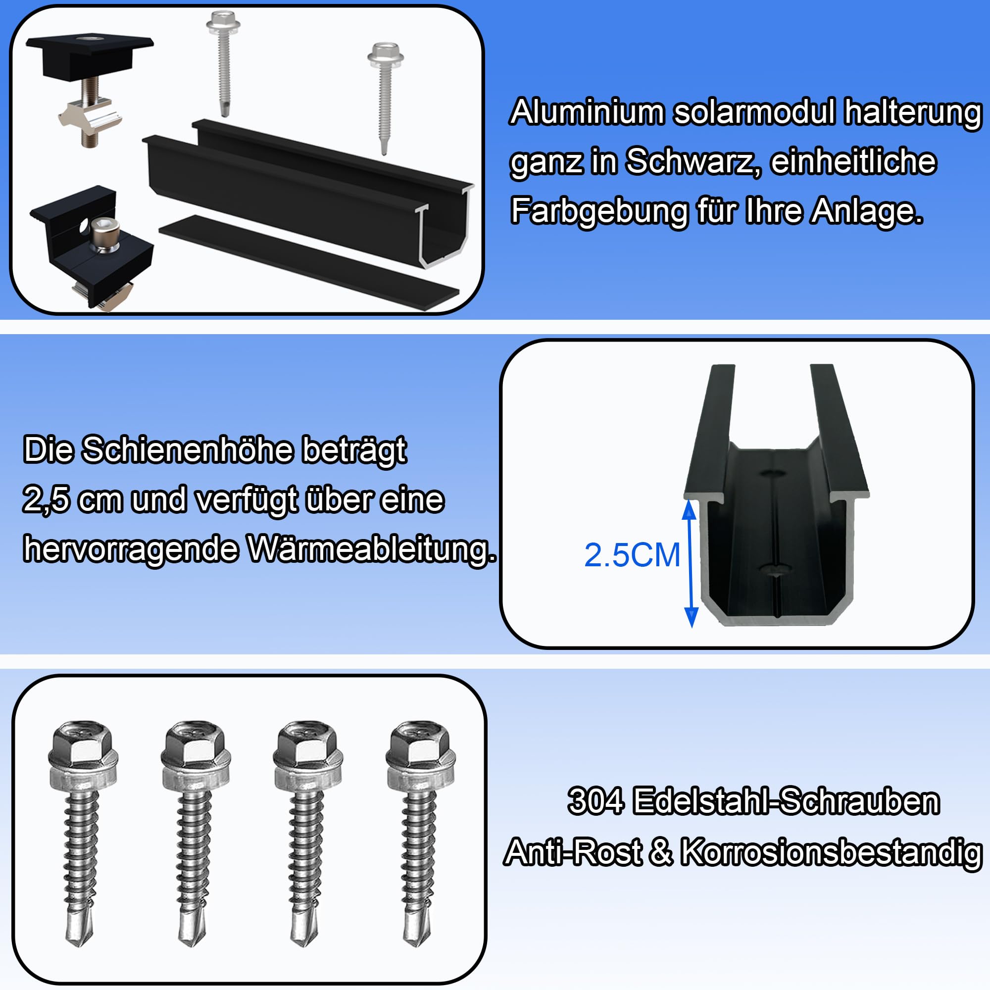 Warmfay Kit di montaggio per modulo solare, profilo in alluminio nero da 12 cm e staffe regolabili, fissaggio per pannello solare, supporto per pannello solare, 4 moduli da 30 a 35 mm per tetto