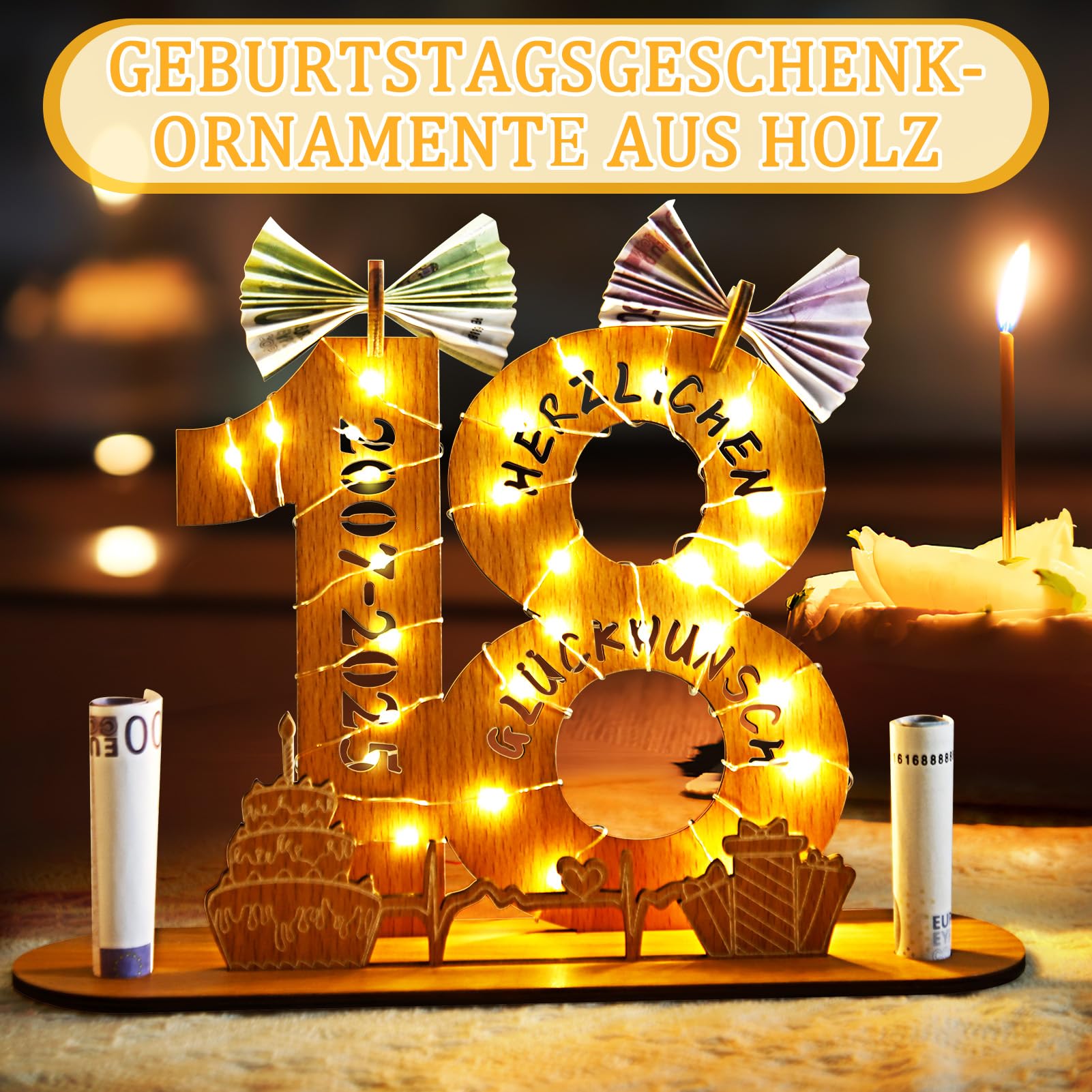 ENLACE Decorazione per torta in legno, con catena luminosa a LED, misura 16 x 24 cm, adatta per tutti i compleanni