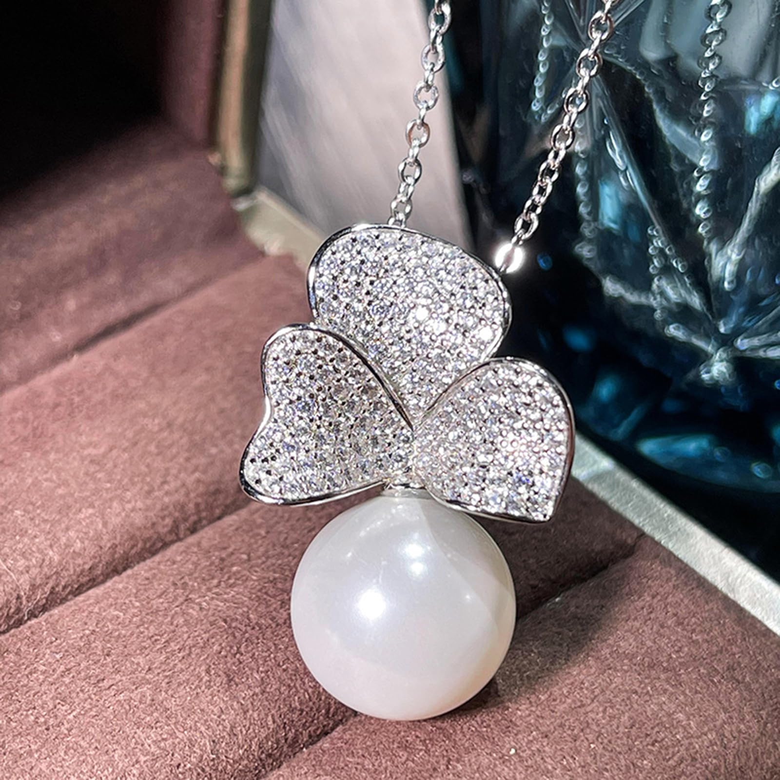 Set di gioielli da sposa in argento Sterling 925 con ciondolo a forma di trifoglio, collana con ciondolo a forma di fiore, orecchini con perle finte, 5 misure di anello (7), 7, metallo, senza pietre