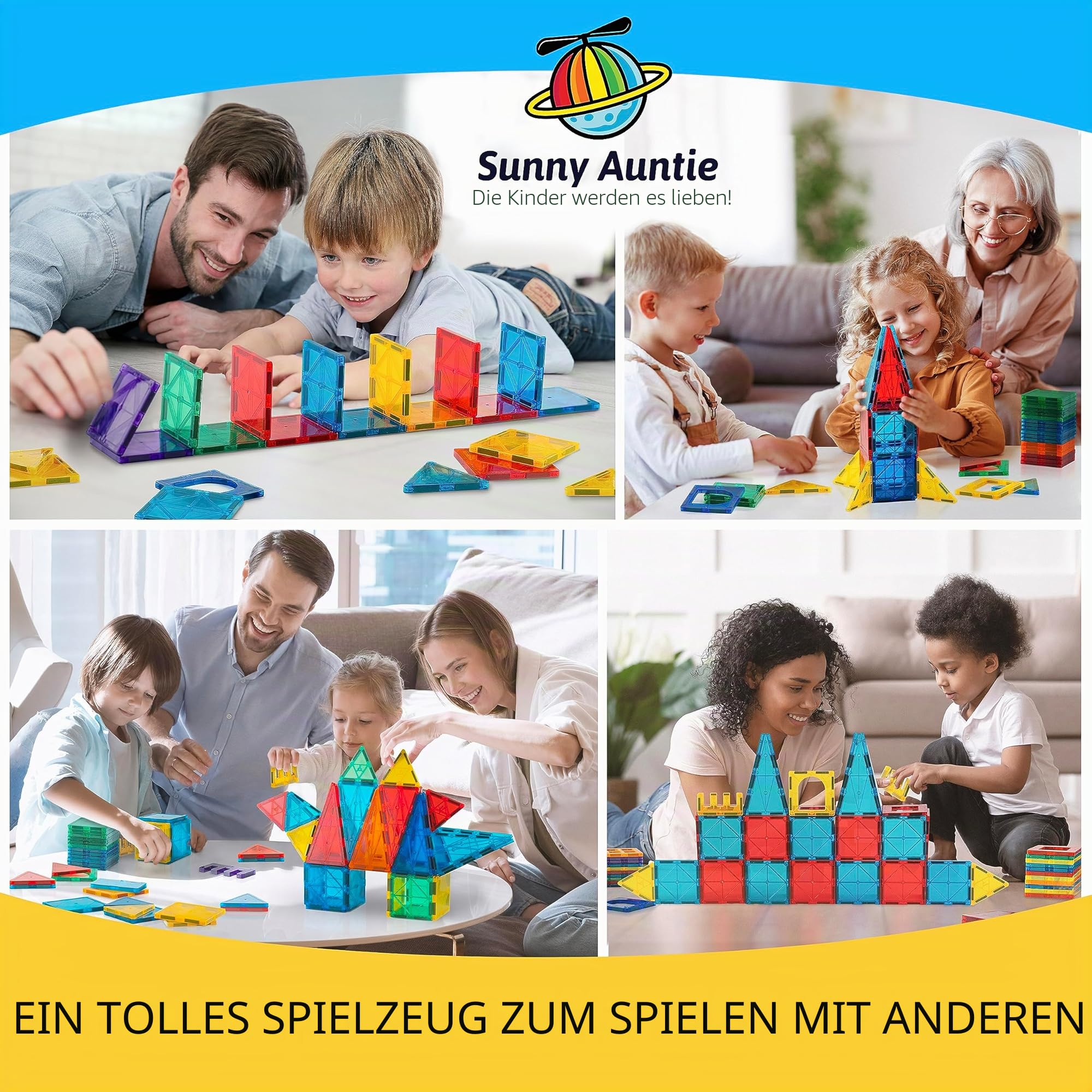 SUNNY AUNTIE Magnetische Fliesen, 150-teiliges XL-Set mit Aufbewahrungstasche, magnetische Bausteine für Kinder im Alter von 3–8 Jahren, STEM-Magnet-Bauspielzeug für Jungen und Mädchen