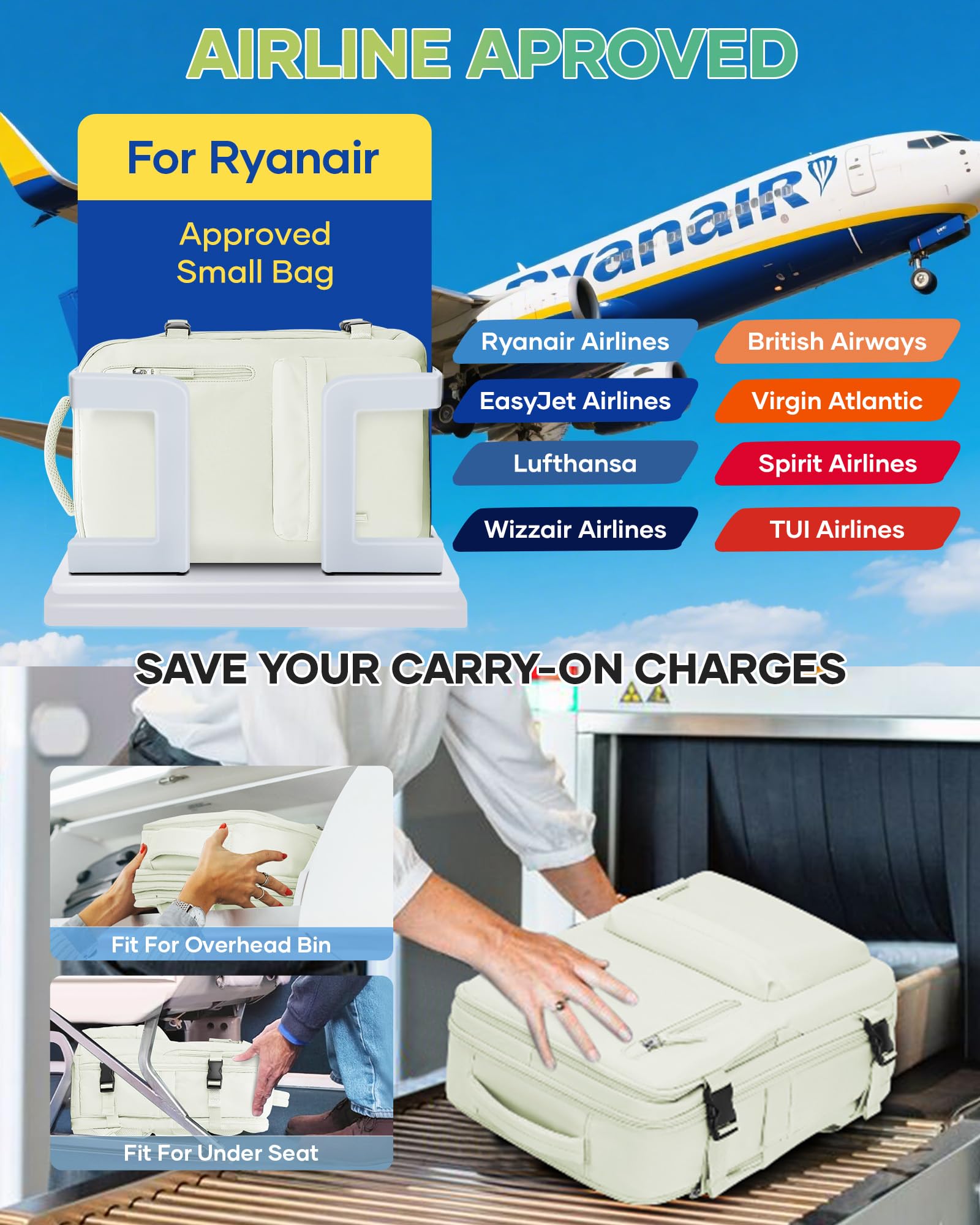 SZLX Zaino Ryanair 40x30x20 Sottovuoto Bagaglio a Mano 40x20x25 Donna Zaino da Viaggio 40x30x20 Wizzair Borse da Cabina per Easyjet 45x36x20 Uomo per Laptop 14 Pollici con Porta USB e Porta Scarpe