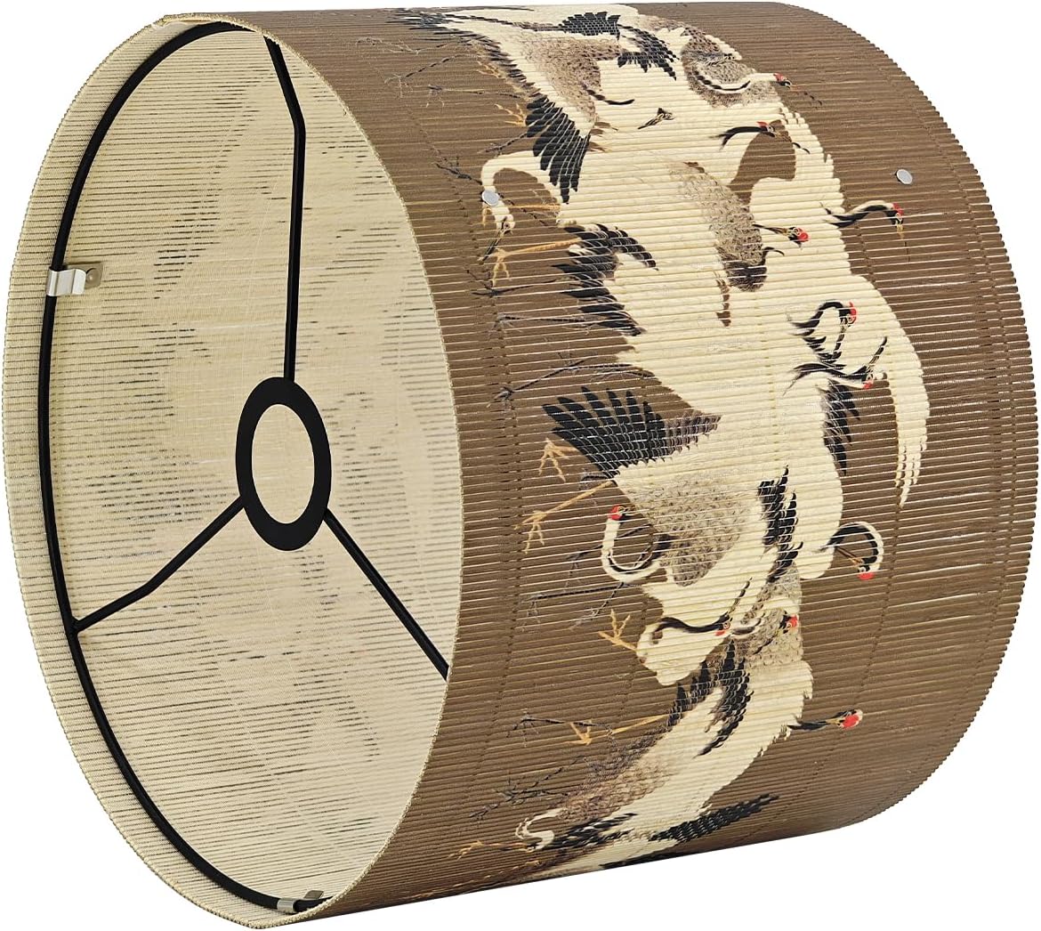 Vintage Bamboo Lamp Shade with Birds and Floral Design, Cylindrical Shape, 30x23cm, Compatible with Table and Floor Lamps (Art Deco D)