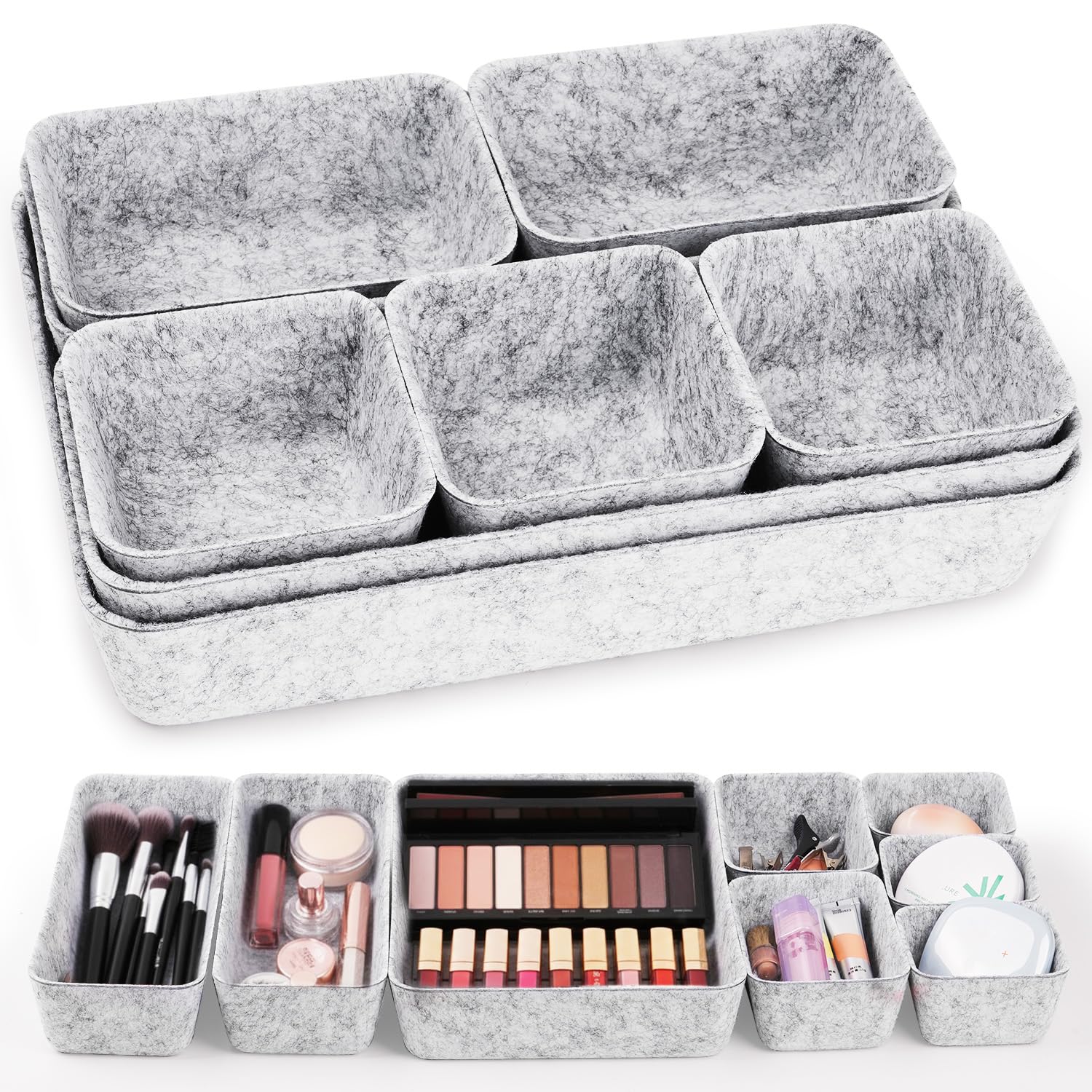JRHSLCXLT 8 Pack Drawer Storage Organiser Set, Felt Desk Drawer Tray Dividers, Stackable Makeup and Office Drawer Organisers for Bedroom, Kitchen and Bathroom, Light Grey