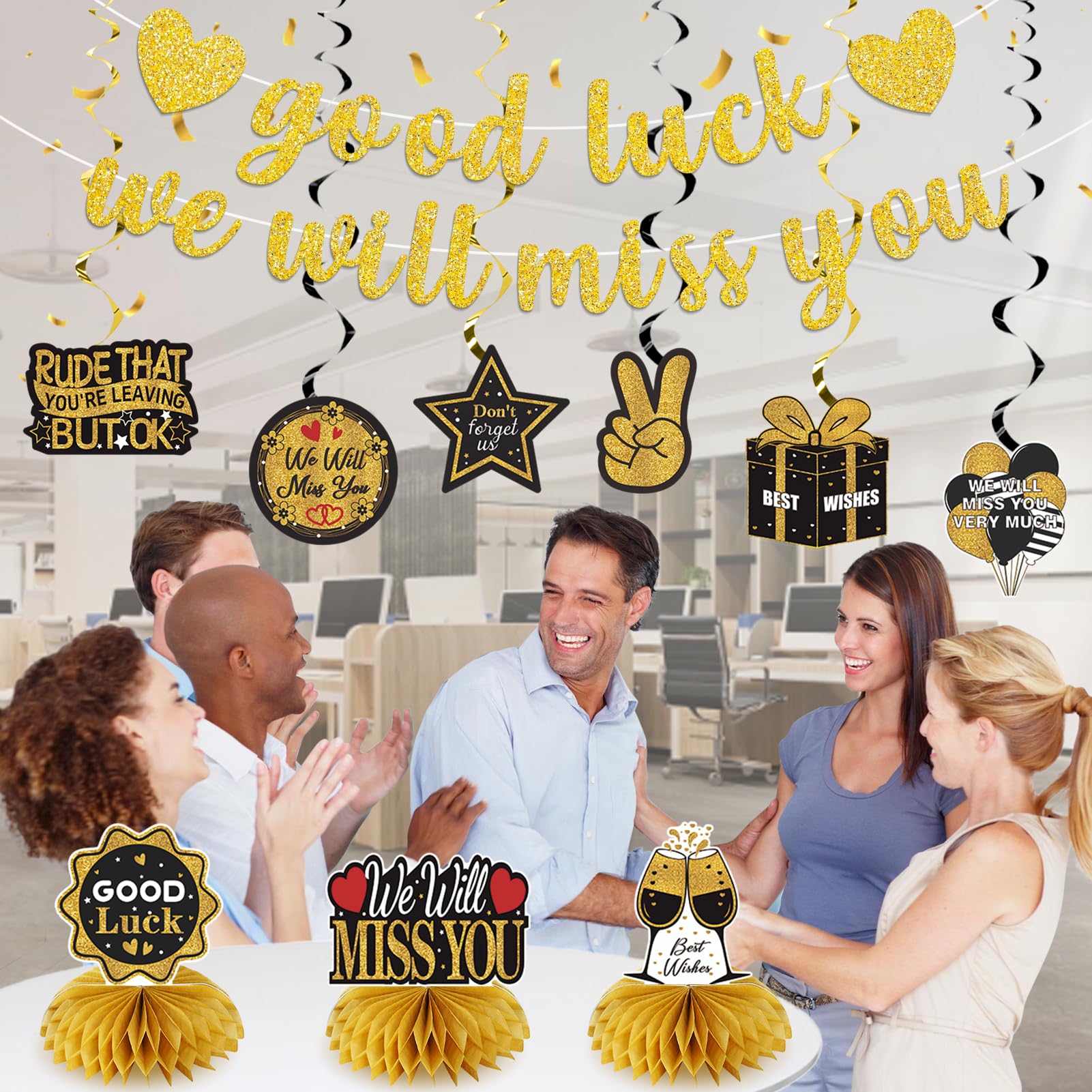 Uiorgui Decoraciones de fiesta de despedida, decoración de despedida con texto en inglés "Good Luck We Will Miss You", decoración de despedida para fiestas, centros de mesa, remolinos colgantes