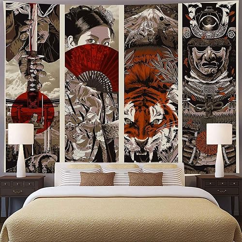 Miniatura 2 de Aidatain Tapiz de pared de estilo japonés, manta de playa estética Samurai Maiko Tiger Mount Fuji para dormitorio, sala de estar y comedor,