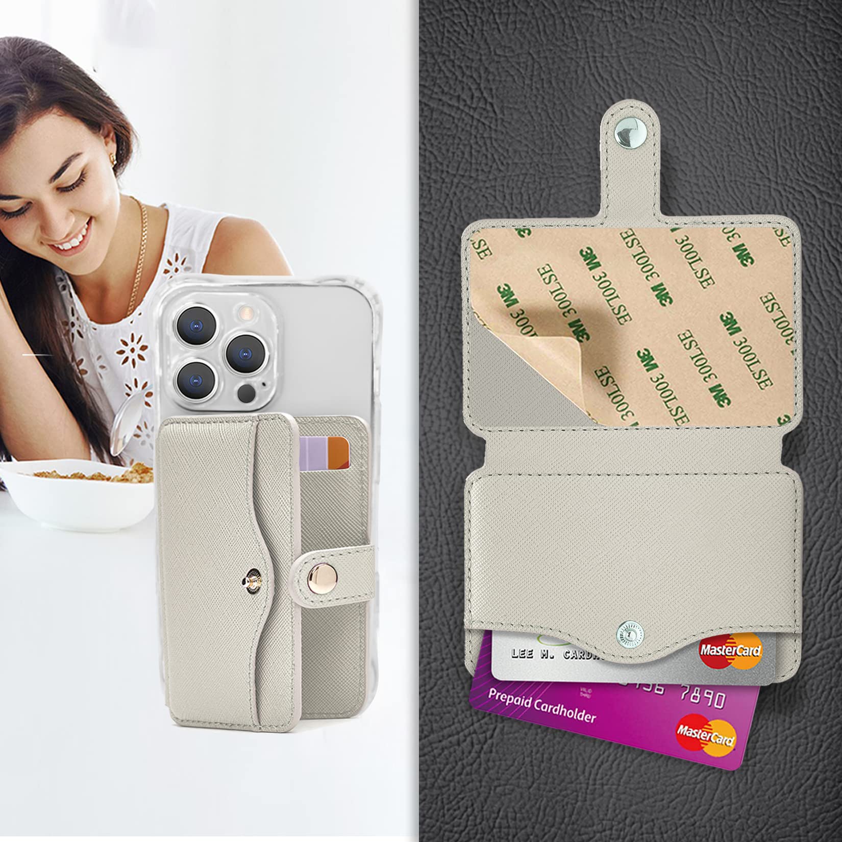 M-Plateau Handyhülle zum Aufkleben, kleiner Kartenhalter für Handyhülle mit Schnappverschluss und Leder-Handy-Kartenhalter für die meisten Smartphones (Beige)