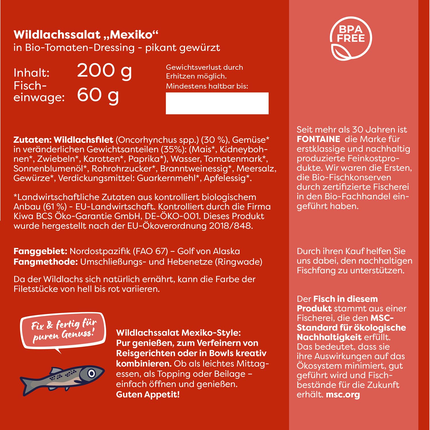 Fontaine - Wildlachs Salat "Mexiko-Style" in pikantem Bio-Tomaten-Dressing – 200 g – 5er Pack - Premium Lachsfilets aus 100% zertifizierter, nachhaltiger Fischerei