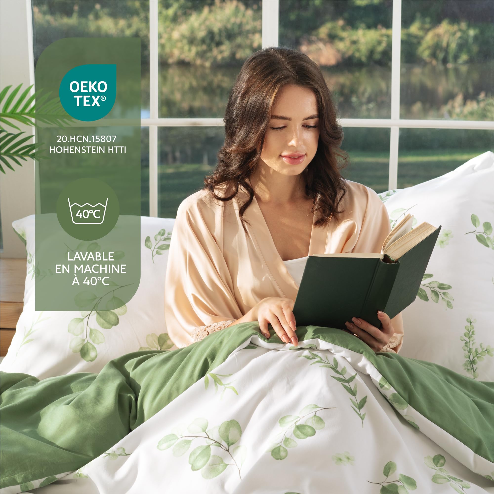 Dreamzie Housse de Couette 220x240cm avec 2 Taies d'oreiller 65x65 cm, Motif Botanique Vert Sauge, Parure de Lit en Microfibre 220x240 Adulte Motif à Feuilles avec Fermeture Éclair,Oeko TEX