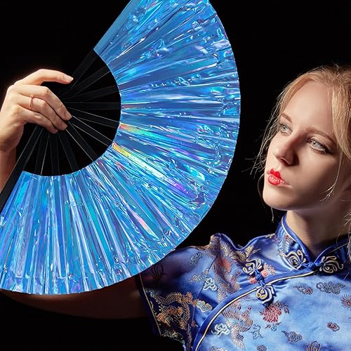 Miniatura 10 de Burbell Ventilador de mano plegable con purpurina para festival, 12 unidades, con clack láser, holográfico, ventilador de mano grande, plegable,