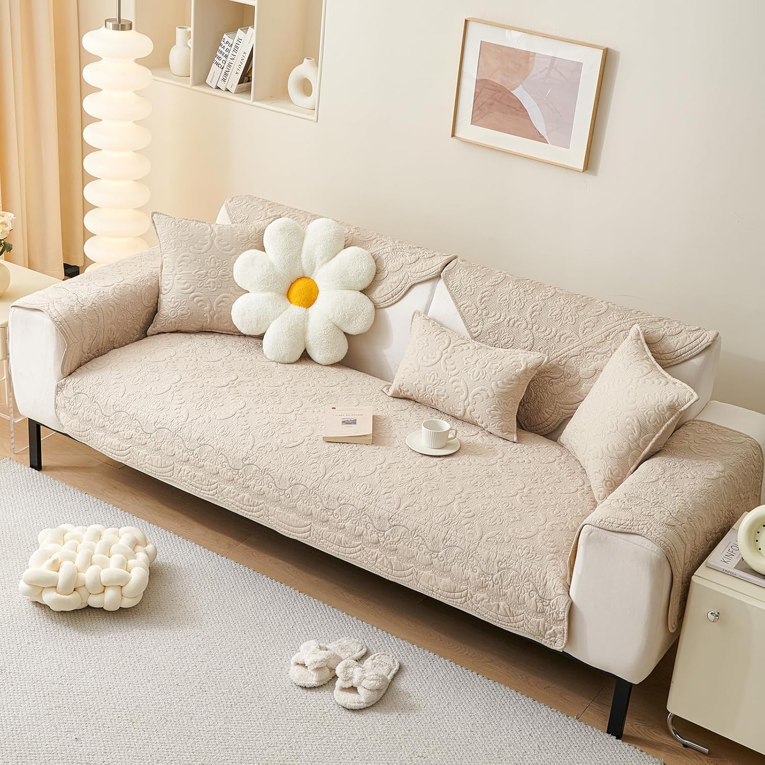vctops Cotton Embroidery Couch Cover Neutral Quilted Sofa Cover Anti Slip Sectional Couch Covers Washable Sofa Slipcover for Dogs, Children, Pets Furniture Protector (Khaki,36"x47")