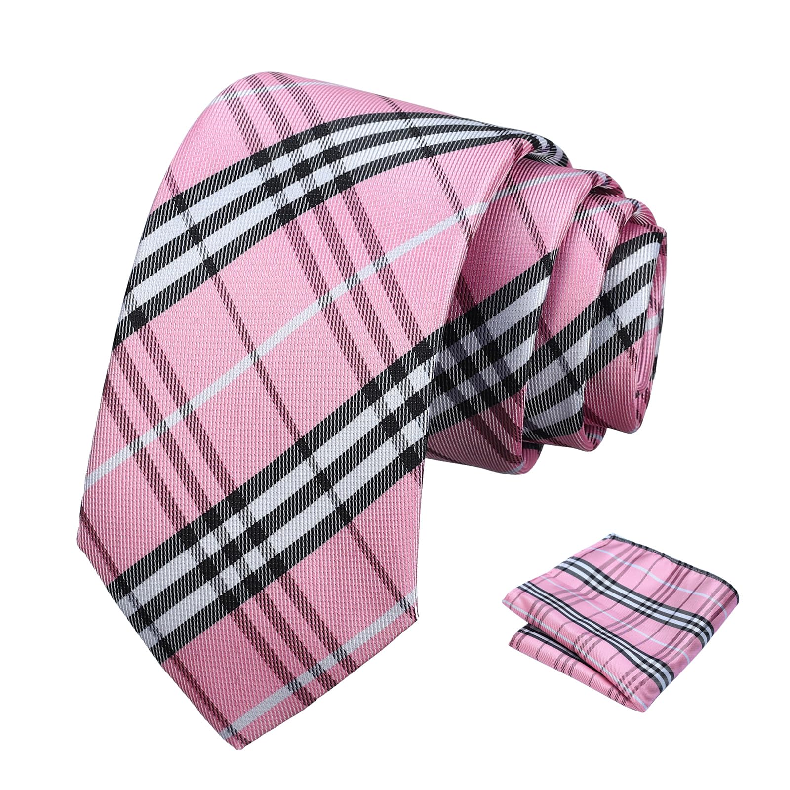 PenSee Mens Black Tie Checkered Tie Classic Necktie 3.15" (8CM) Plaid Ties For Men With Pocket Square Set