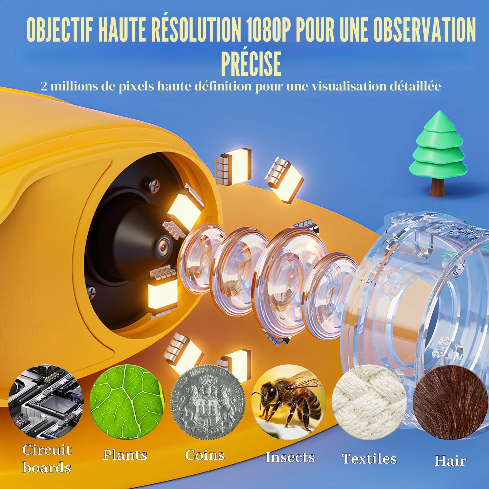 Microscope Numérique pour Enfants, 1000X Portable Rechargeable Microscope Numérique, IPS 2'', 8 Lumières LED, Scientifique et Jouet Éducatif pour Enfants 3–12 Ans