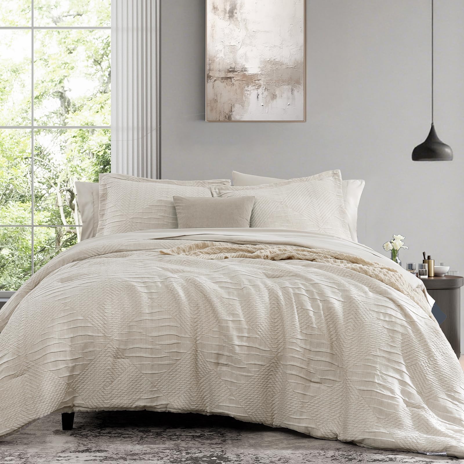 Full Size Comforter Set Beige, Crinkle Textured Design Boho Bedding Set 7 Pieces Bed in A Bag, All Season Geometric Comforter Set with Sheets, Pillowcases & Shams