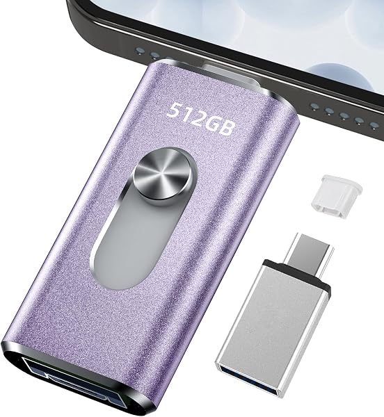 512GB usbメモリ【アプリ不要・アルバムから写真保存】4in1プッシュ型 Phone対応 スマホ携帯 高速 データ保存 バックアップ iOS/Type-C/USB/Micro USBフラッシュメモリ 外付けストレージ スライド式 容量不足解消 usbメモリ! (512Purple) - 1