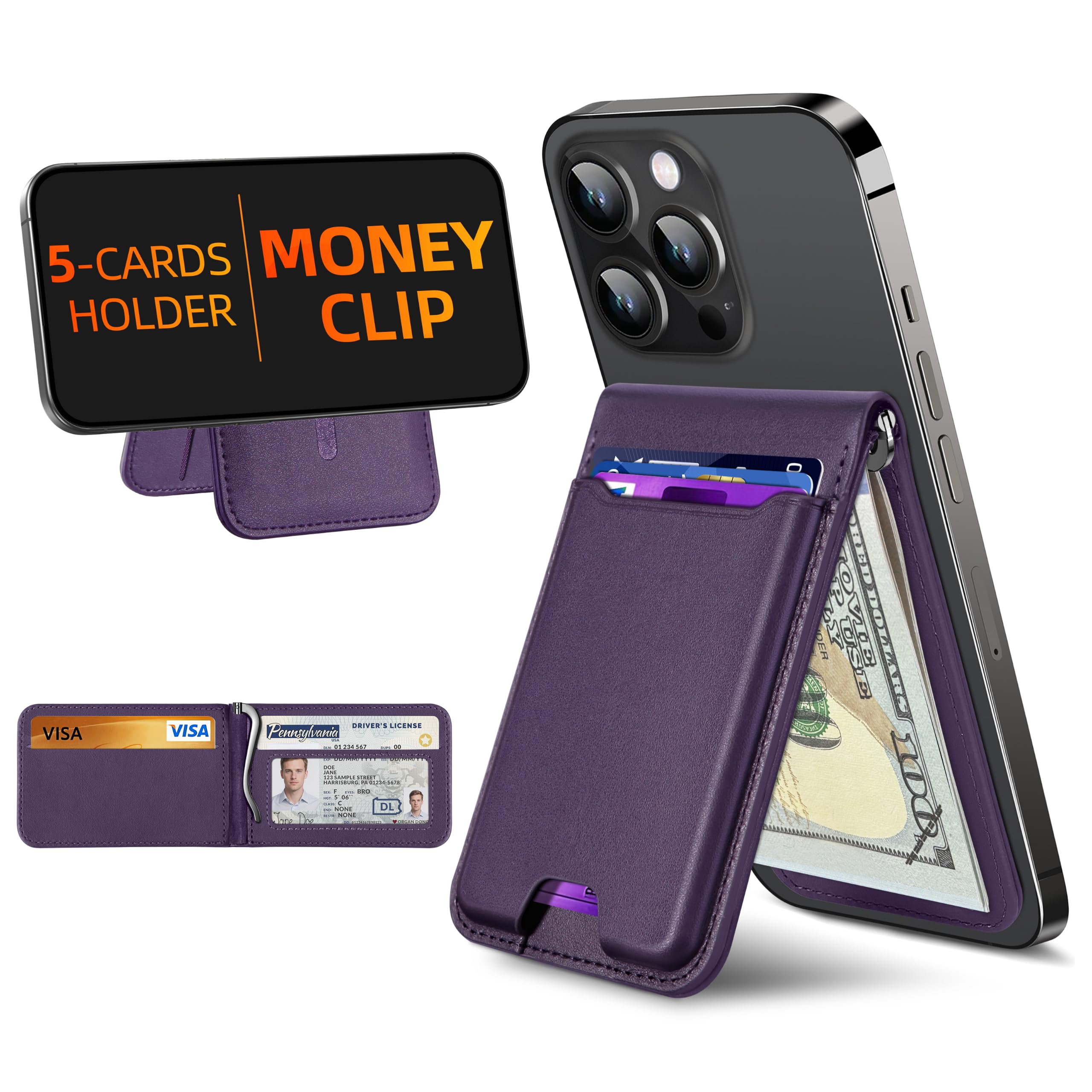 For Magsafe Wallet with Money Clip, Strongest Magnetic Wallet for iPhone 17/16/15/14/13/12 Series, Adjustable Stand, ID Window, 5 Card Holder, RFID Blocking, Not for 13/12 Mini, Elegant Purple-image-15