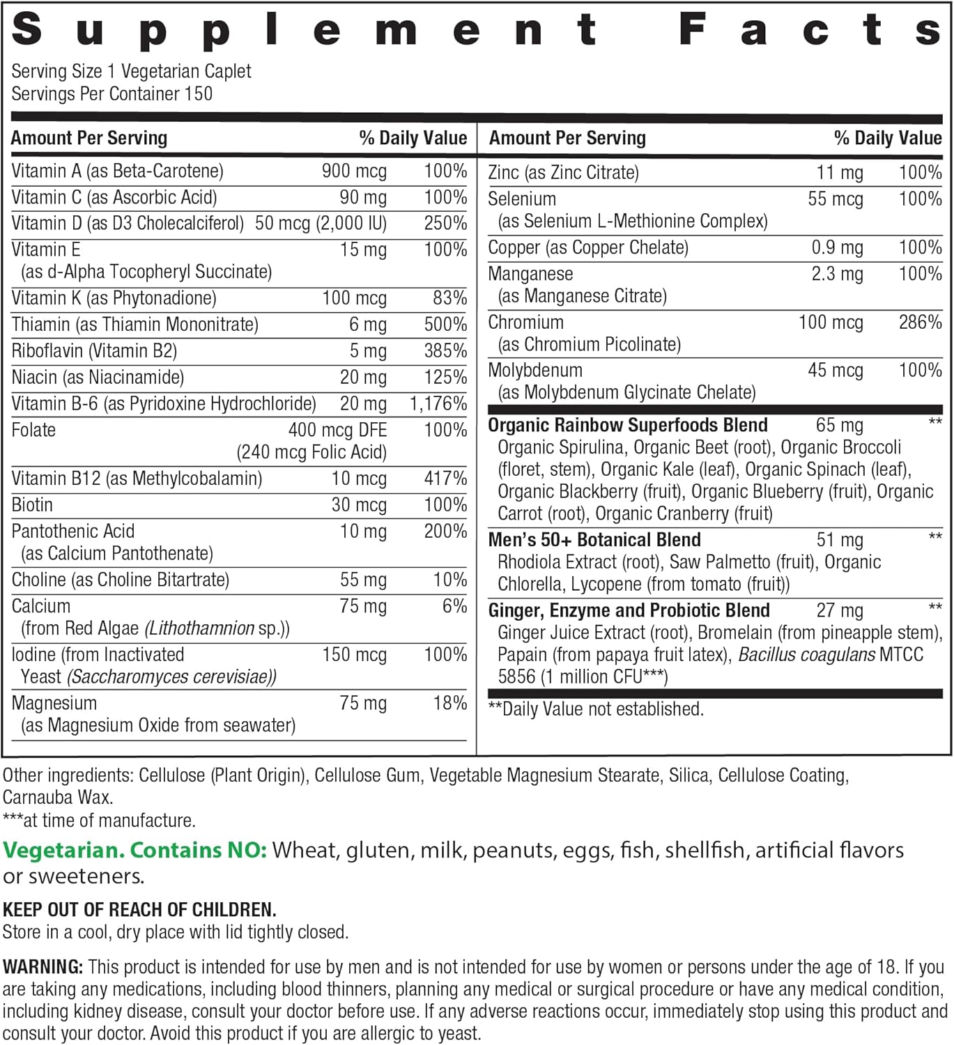 Rainbow Light Multivitamin for Men 50+, Vitamin C, D & Zinc, Probiotics, Men's One 50+ Multivitamin Provides High Potency Immune Support, Non-GMO, Vegetarian, 150 Tablets - Image 2