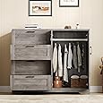 GarveeHome Multifunctional Wooden Dresser for Bedroom, 43.3'' H 2 Door Wardrobe Armoire Closet with 4 Drawers and Hanging Rod, Low Storage Cabinet for Hanging Cloth, Natural Oak