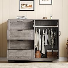 GarveeHome Multifunctional Wooden Dresser for Bedroom, 43.3'' H 2 Door Wardrobe Armoire Closet with 4 Drawers and Hanging Rod, Low Storage Cabinet for Hanging Cloth, Natural Oak