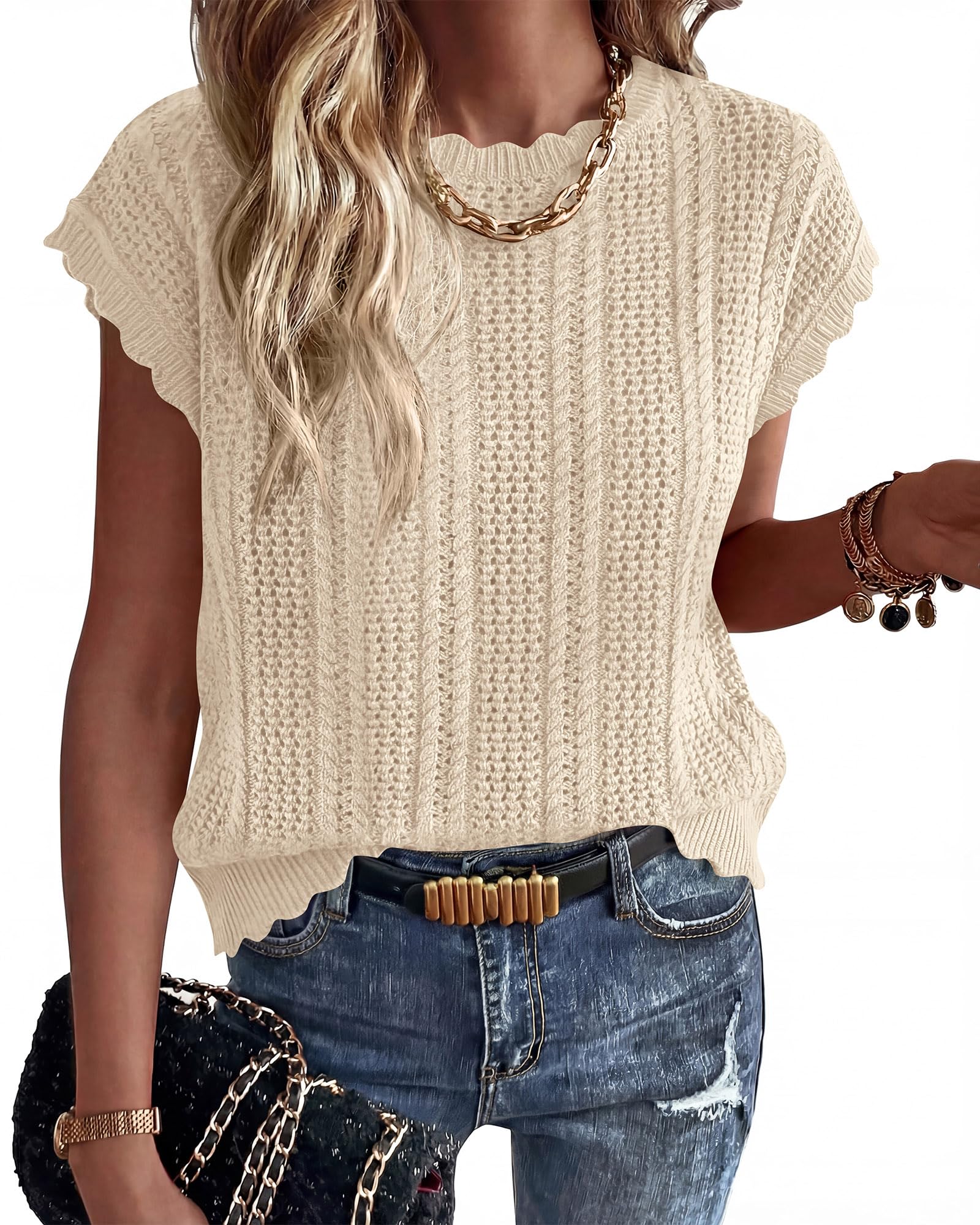kirundo Crochet Tops for Women Cap Short Sleeve Sweater Vest 2026 Spring Summer Cable Knit Pullover Beach Vacation Outfits-picture-18