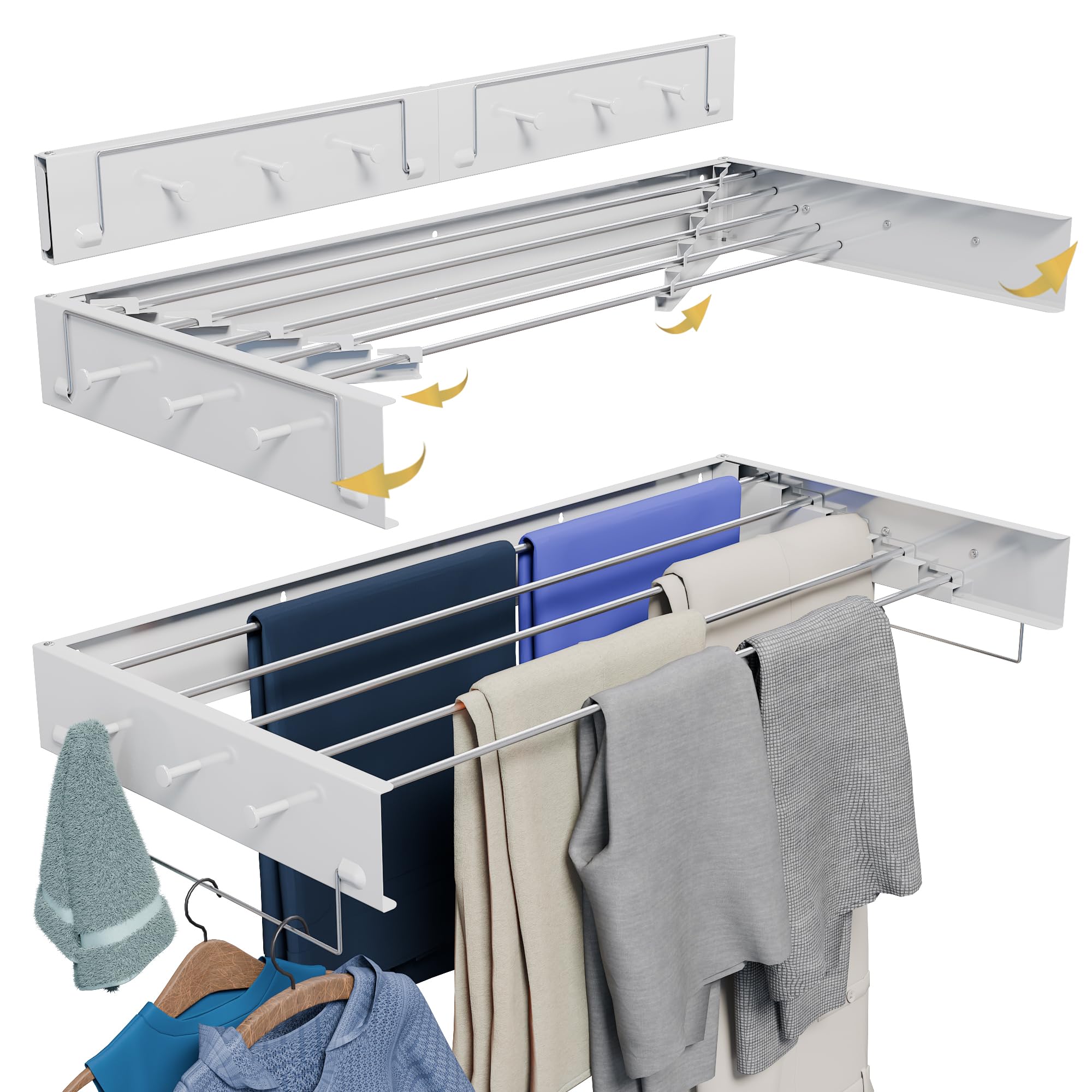 Tendedero Pared Plegable Extensible 100 Cm Aluminio Blanco Resistente Anticorrosión Para Baño Lavadero Balcón Con 5 Varillas 6 Ganchos 2 Soportes Colgantes Ahorra Espacio Secado Eficiente (grande)