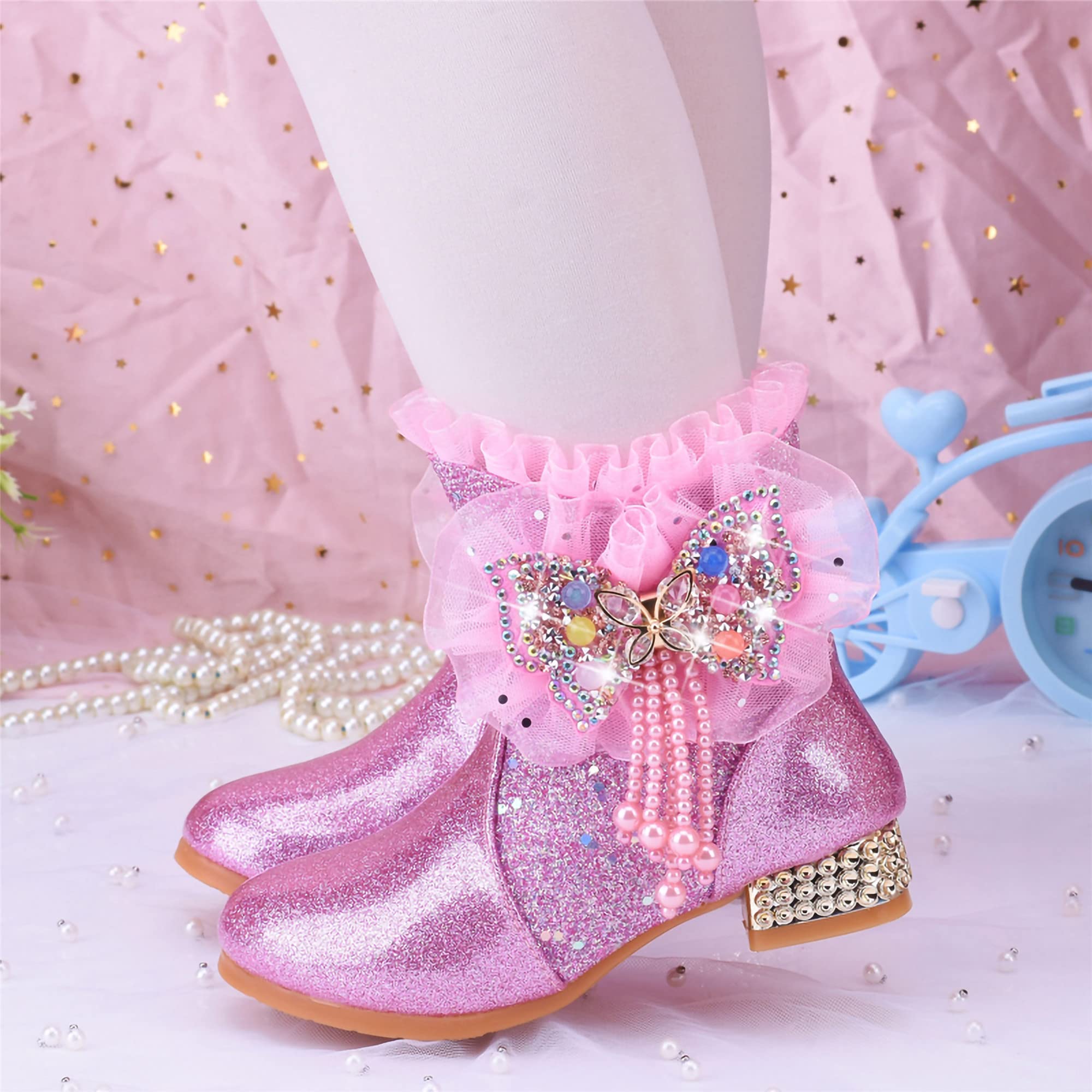 New front Scarponcini Bambina Stivali Bambina Invernali Bambina e Ragazze Carino Stivali da Neve con Tacco Stivali da Principessa Eleganti Blu Rosa Taglie 27-38