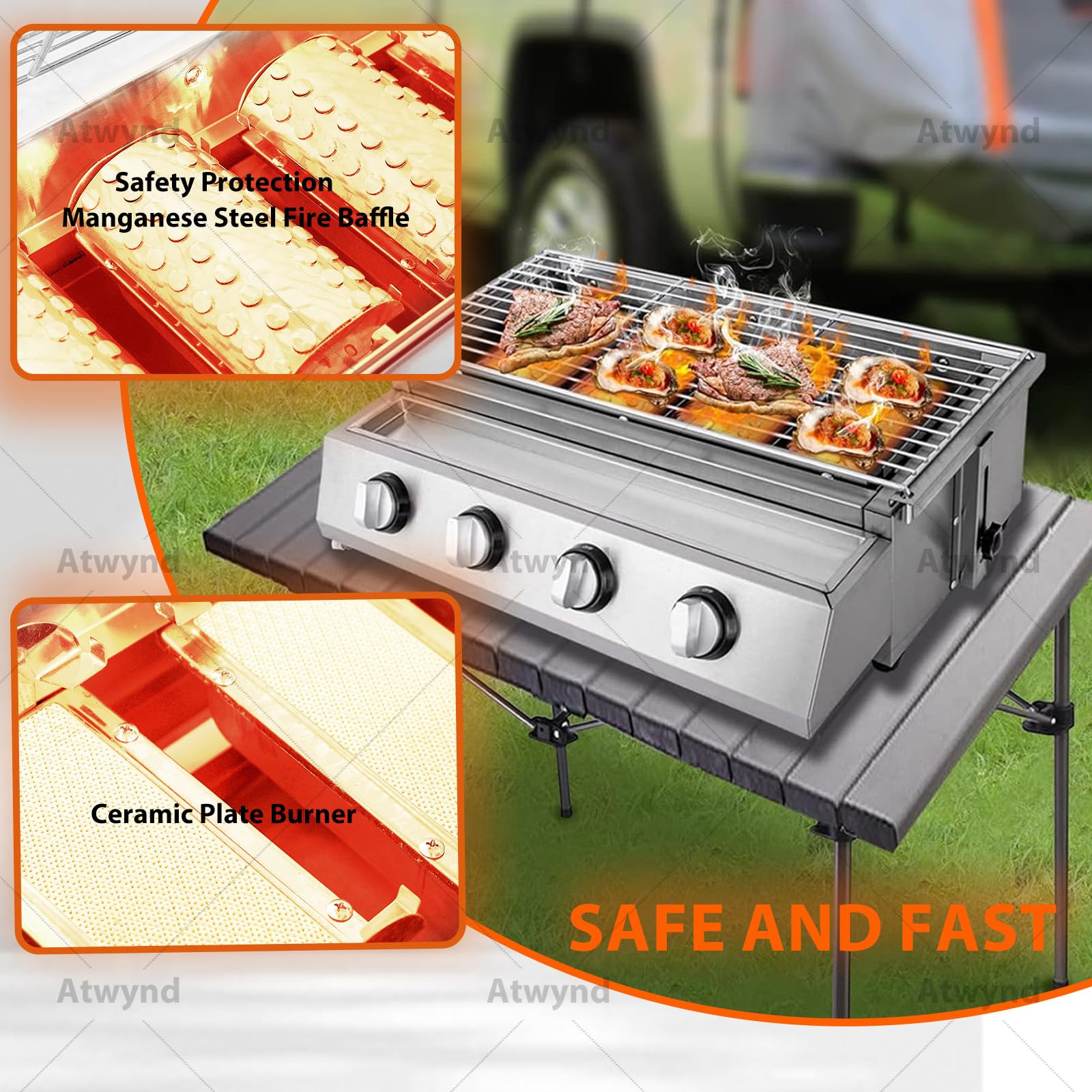 Grill gazowy z 4 przełącznikami, grill zewnętrzny ze stali nierdzewnej, 4-palnikowy grill gazowy do ogrodu, grill gazowy z regulacją wysokości i wyjmowaną tacką na olej