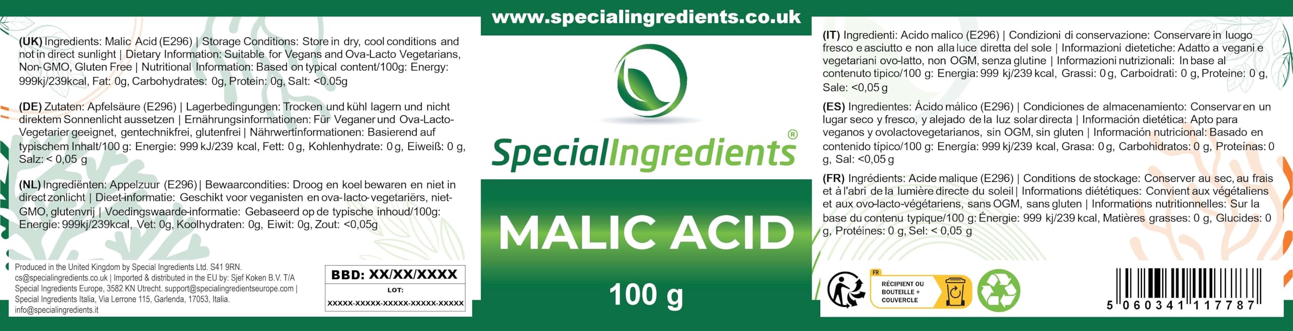 Special Ingredients Apfelsäure Pulver 100 g - Malic Acid - Geschmacksverstärker, Konservierungsmittel & Säureregulator - Für die Herstellung von Wein, Bier & Spirituosen - Premium-Qualität