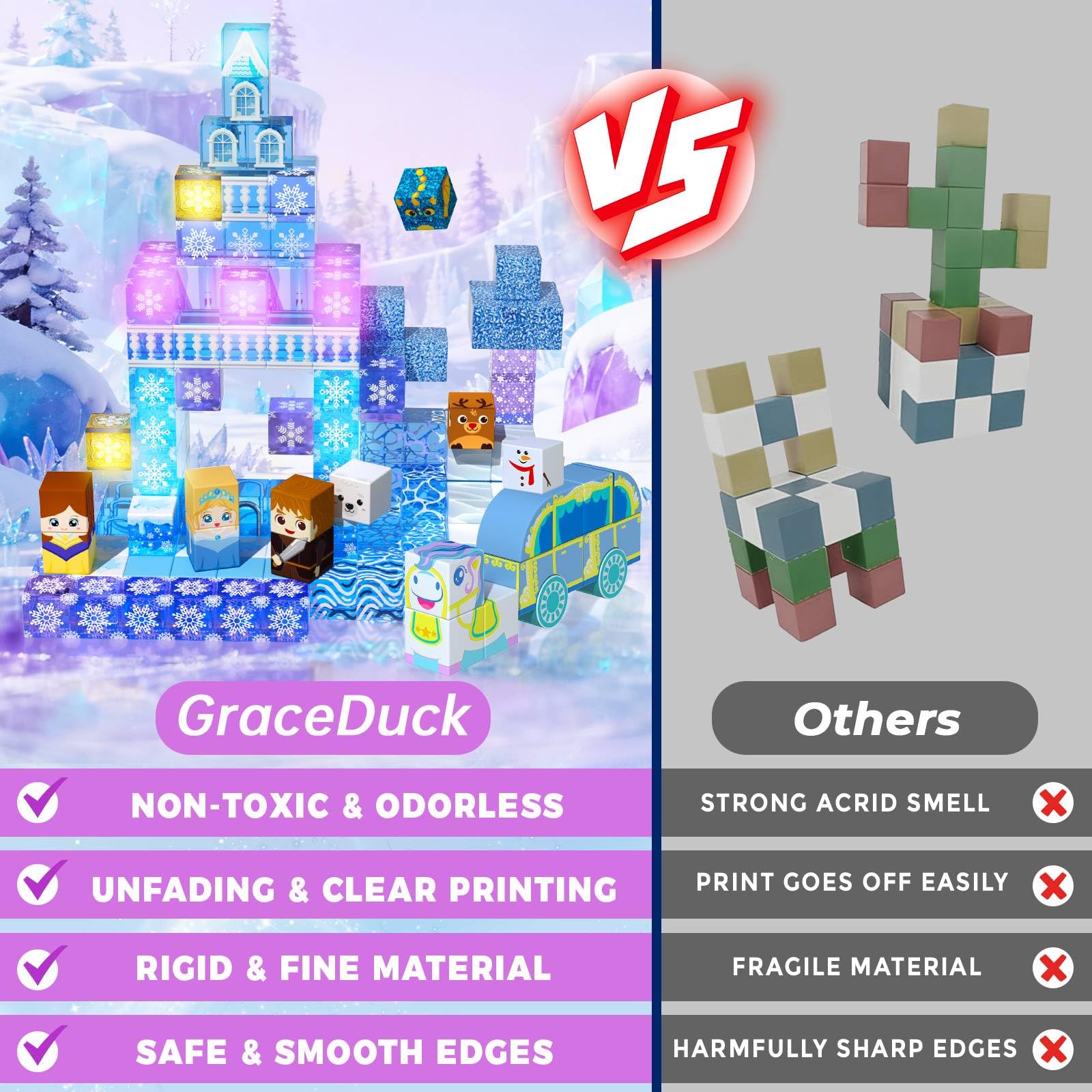 GraceDuck Bloques Magneticos Construccion Niños 200 Piezas - Construye Castillos de Nieve y Hielo, Sumérgete en un Mágico Mundo Invernal, Juguete Educativo Niños 4 a 12 Años