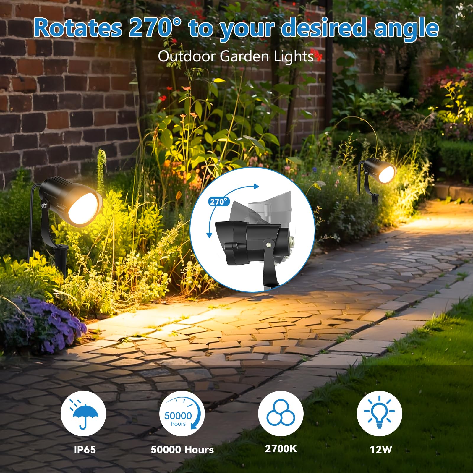 HIBOITEC Juego de 4 Focos de Jardín 12W 1320 Lúmenes, Luz Blanca Cálida 2700K, Focos LED Impermeables IP65 con Pica y Enchufe 1.5m, para Patio, Terraza, Jardín y Caminos