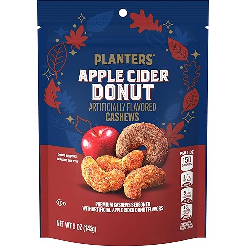 Planters Donut de sidra de manzana con sabor artificial, anacardos enteros, aperitivos de fiesta, proteína a base de plantas, bolsa de 5 onzas