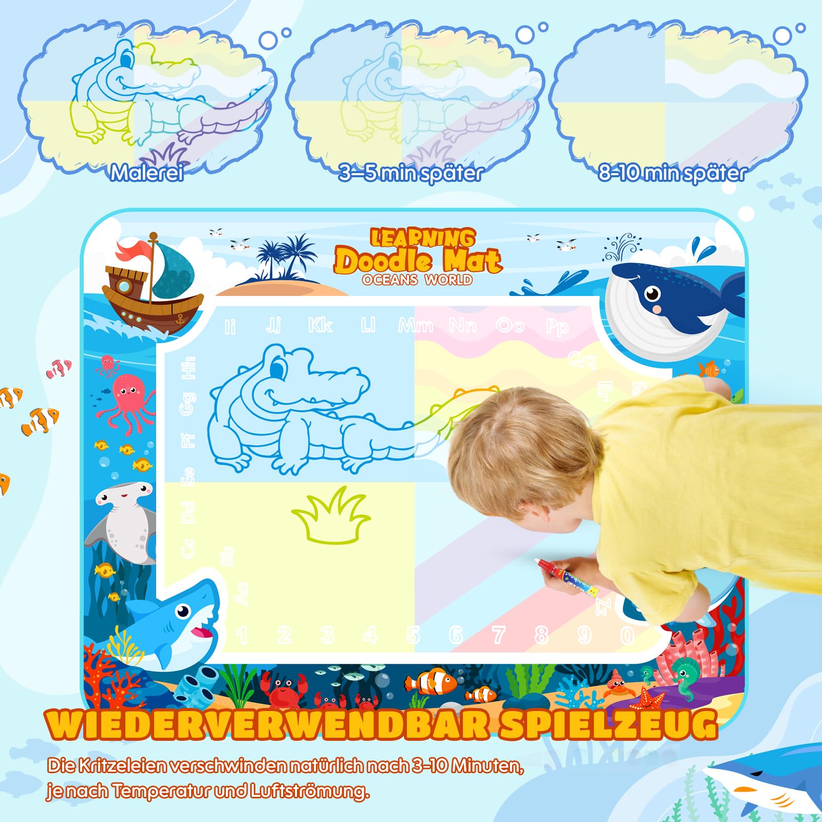 chellago Tappeto Magico 120x90cm, con Accessori, Giochi Educativi Interattivi per Bambini dai 2-6 Anni, Riutilizzabile, Nessun Inchiostro, Nessun Disordine
