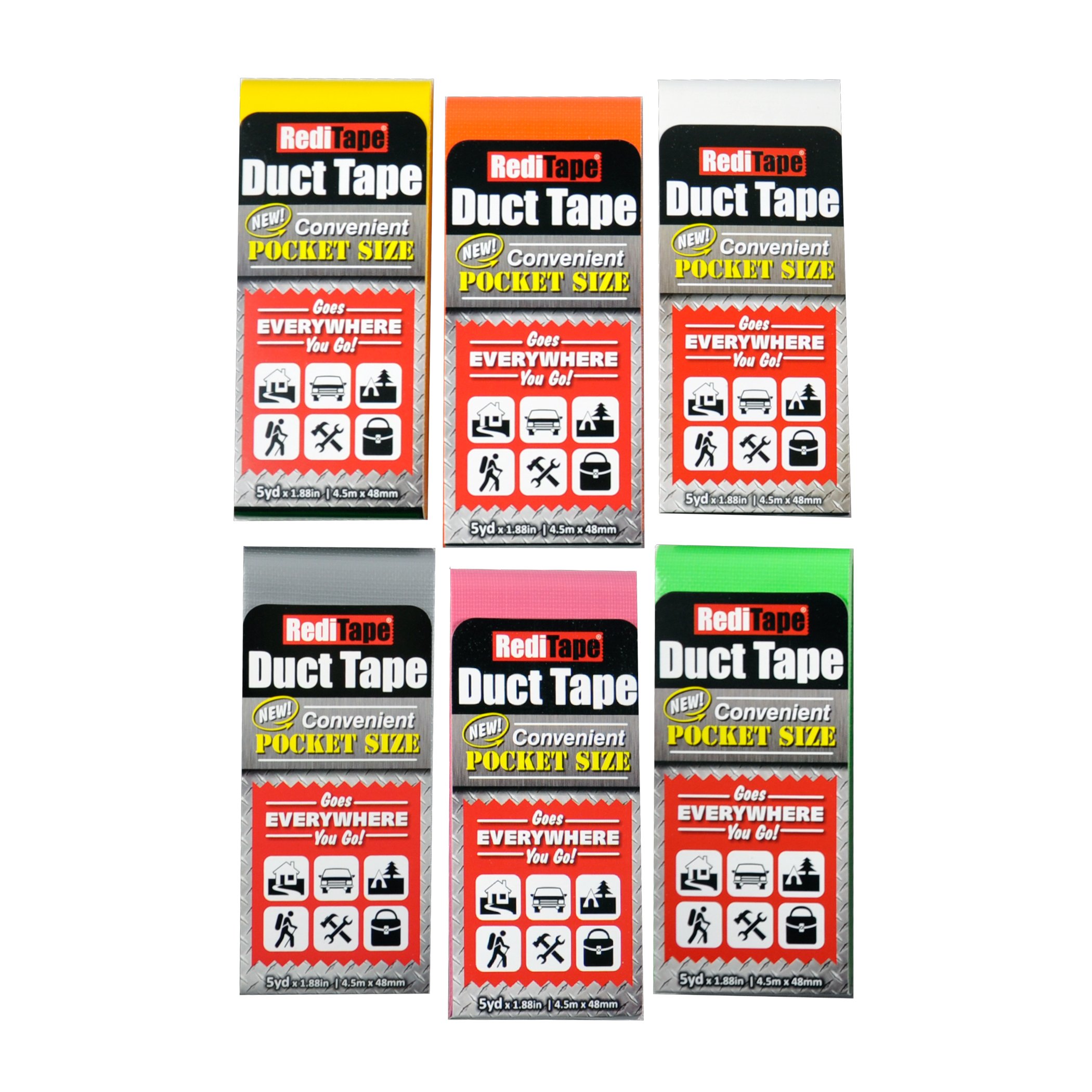 RediTape 10938 Travel, Camping, Photography and Emergencies | Pocket Size, 6-Pack, Green, Orange, Silver, Pink, White, Yellow