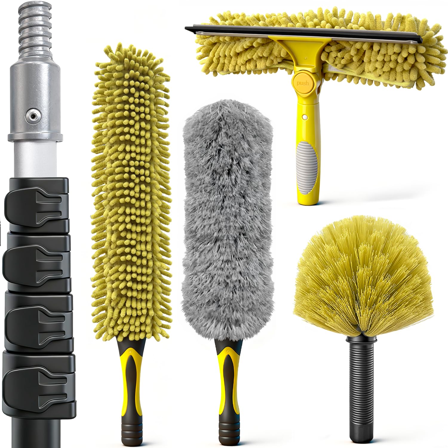ARTIPOLY 6 m Staubwedel mit Teleskopstiel Set, 5-in-1 Staubwedel für hohe Reichweite mit Chenille Fensterabzieher und Mikrofaser Federstaubwedel für Decke und Wand im Innen- und Außenbereich, Gelb
