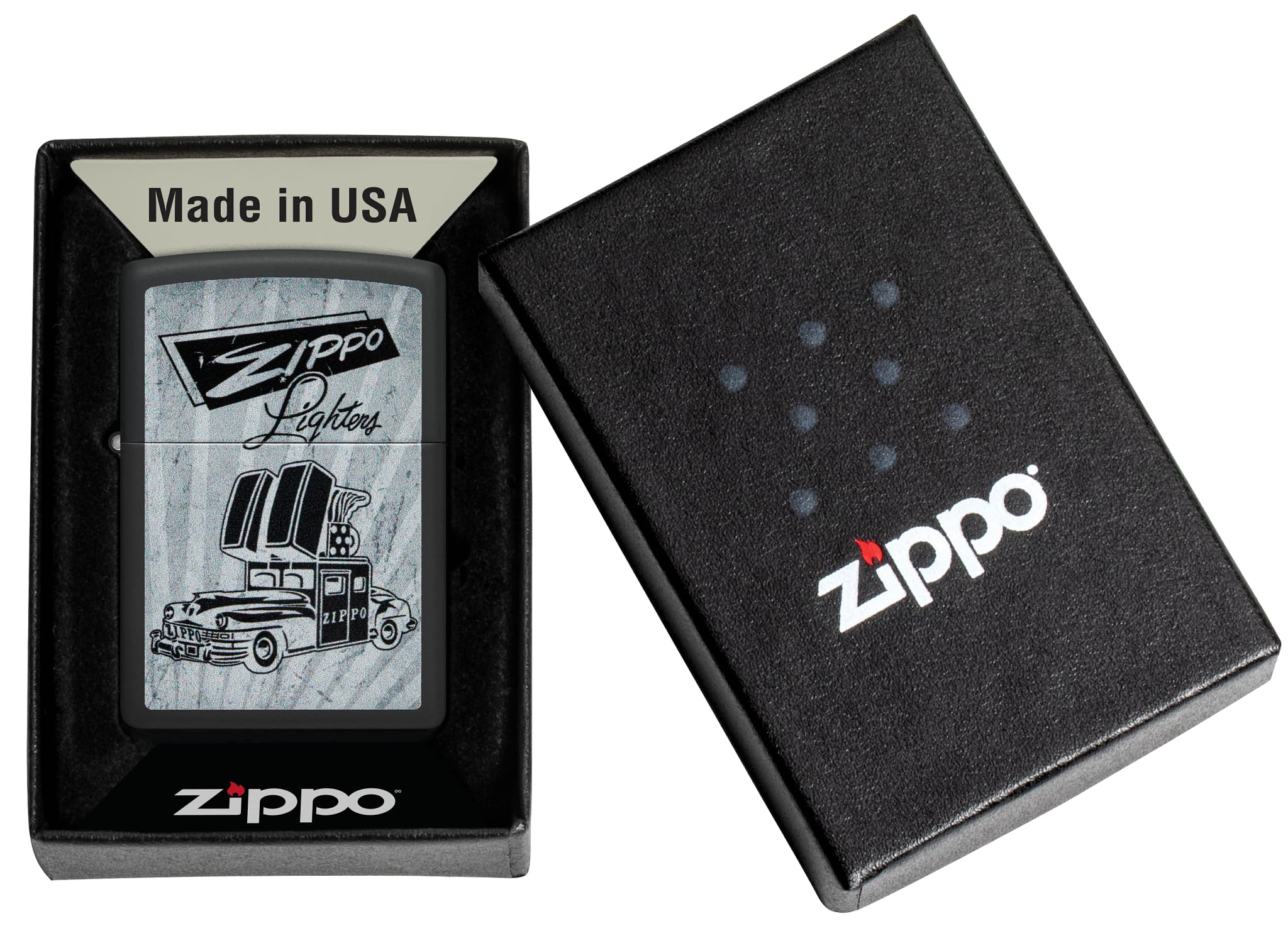 Zippo Car Zapalniczka Sztormowa, Kolorowy Nadruk, do Napełniania, Wielokrotnego Użytku, Wiatroodporna Konstrukcja, Pudełko na Prezent, Wykonano w USA, Kolor Czarny Matowy