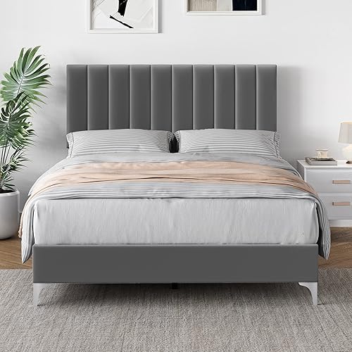 Miniatura 1 de Fancihabor Marco de cama, marco de cama tapizado de terciopelo con cabecera capitonada de canal vertical, marco de cama de listones de madera