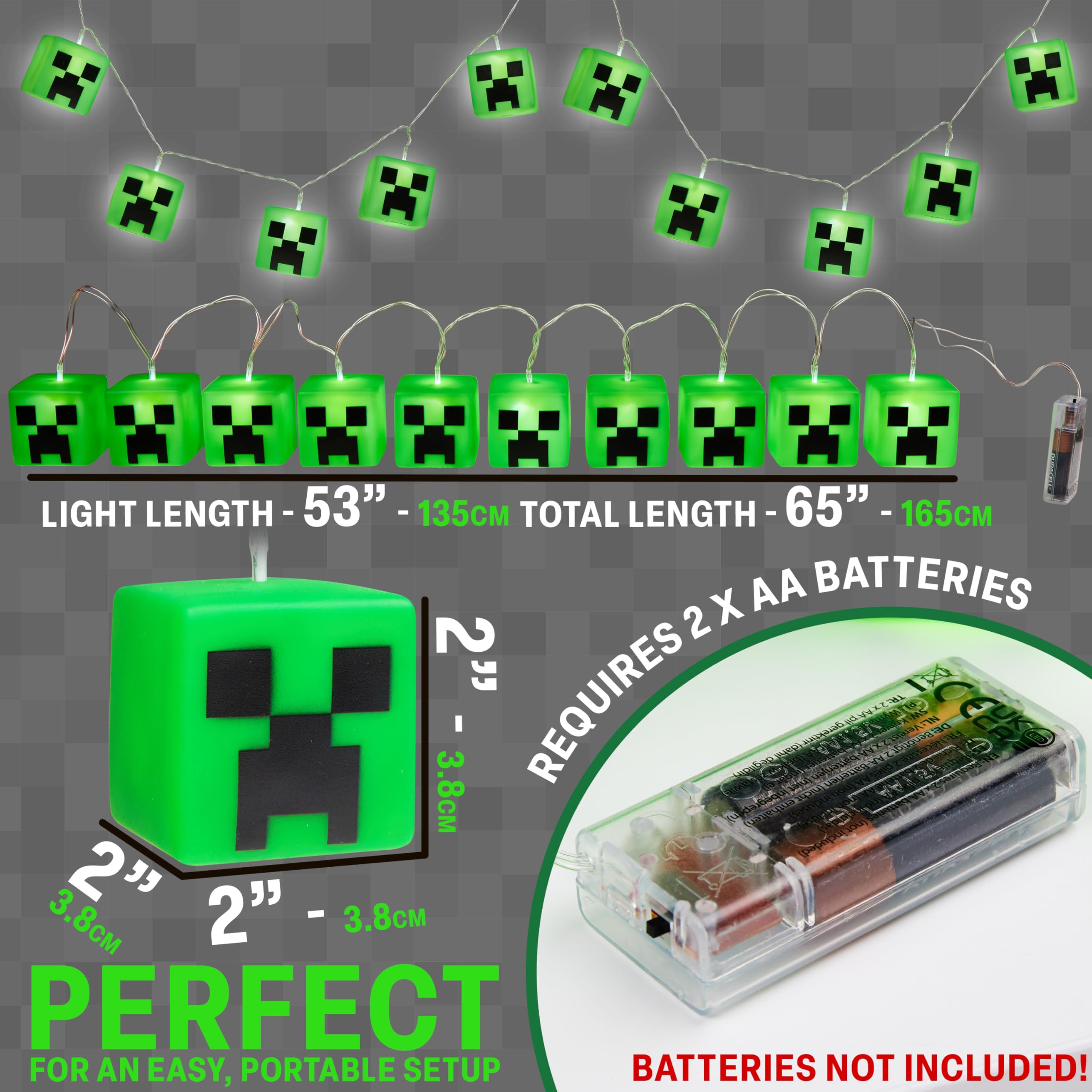 Minecraft Guirlande Lumineuse Creeper LED 165cm Guirlande Lumineuse à Piles Décoration Intérieure Gamer 2 Modes Déco Chambre Idée Cadeau Garçon