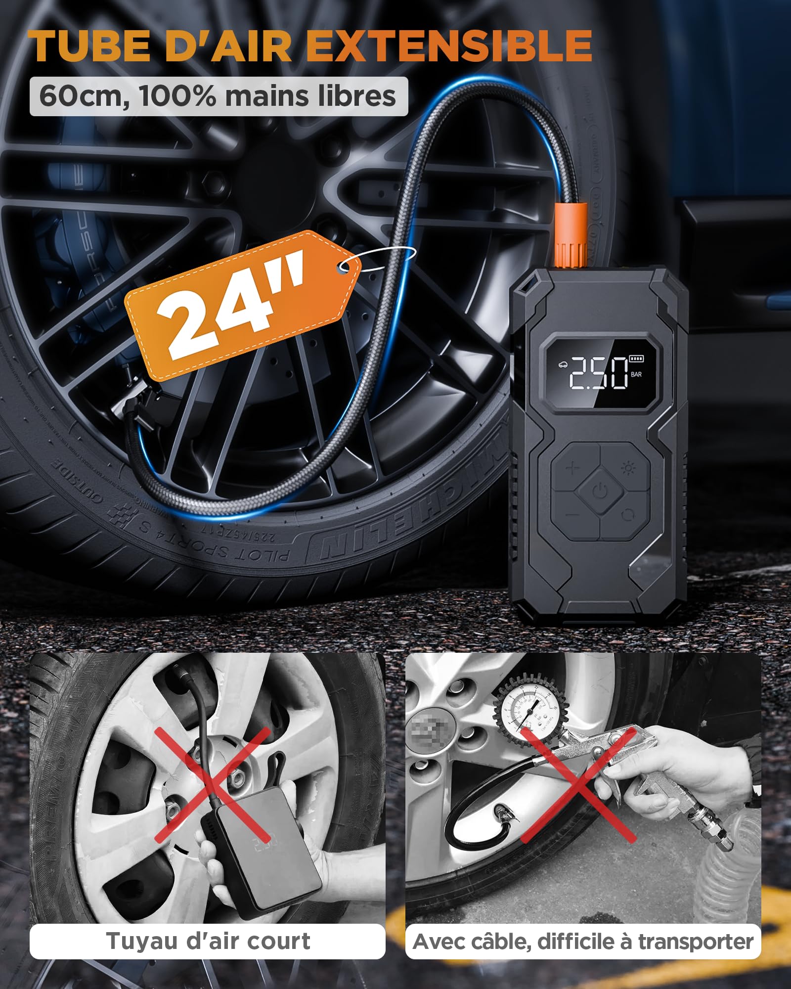 Gonfleur Pneus Voiture, Compresseur à Air Portatif sans Fil, 150 PSI (10,3 Bar), Pompe À Velo Électrique, Arrêt Automatique, LED, avec Tuyau de 60 cm, Noir