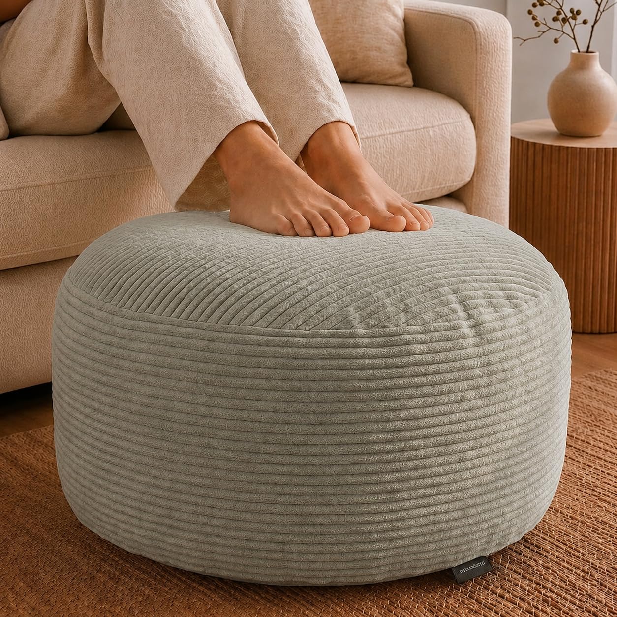 Stuffed Pouf Ottoman,Corduroy Foot Rest,Light Greige,28 Inch