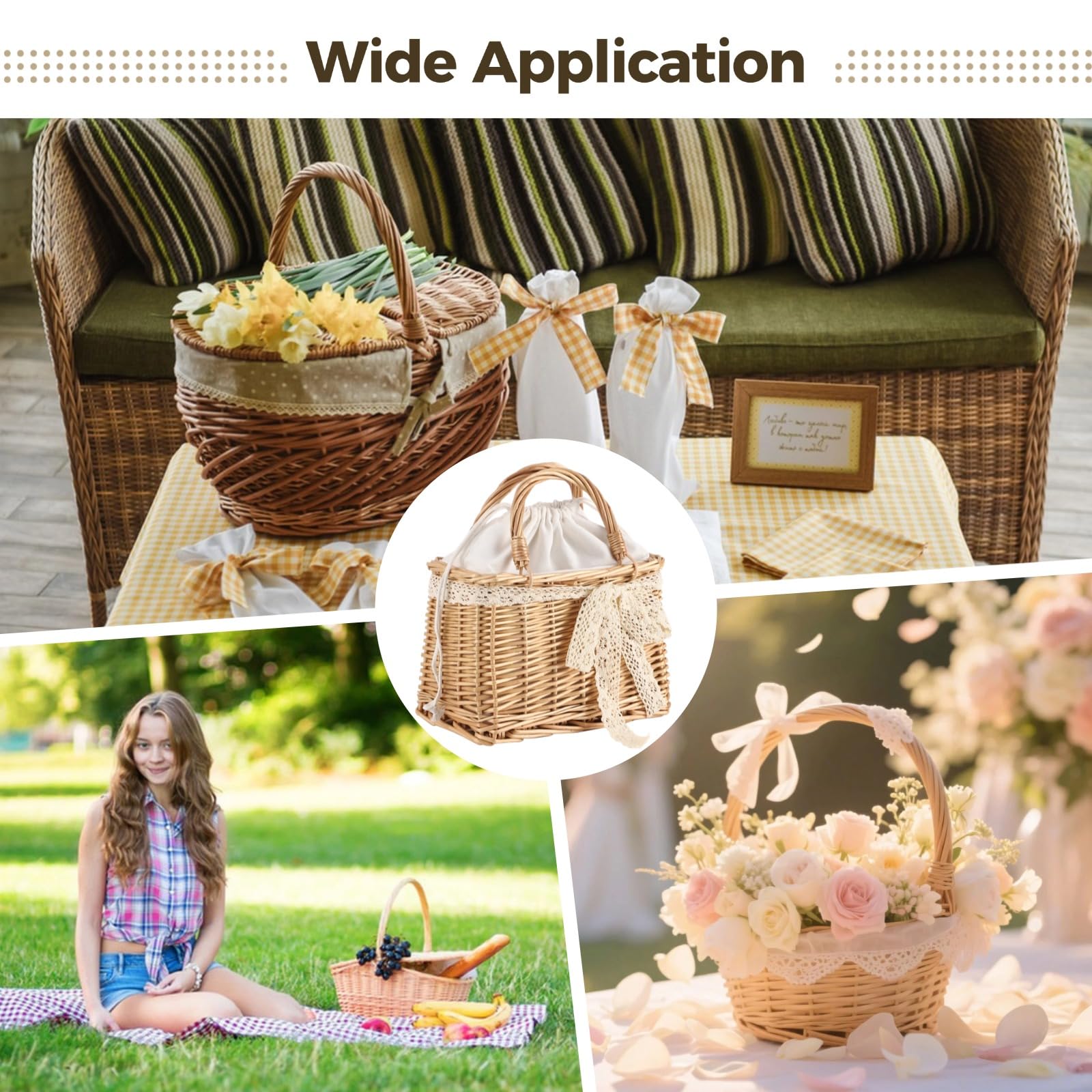 Panier en Osier tissé à la Main, Sac de Plage rectangulaire, Panier à Fleurs Portable Rustique en rotin avec Ruban décoratif et poignée Solide, idéal pour Voyage, Vacances et Mariage