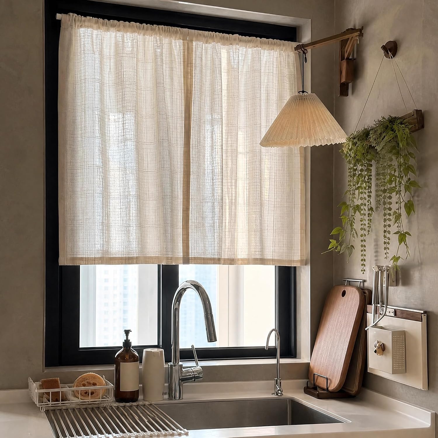 Farmhouse Linen Tier Curtains, 2 Panels Cream Ivory Semi Sheer Short Window Curtains, Light Filtering Breathable Linen Blend Drapes for Kitchen Bathroom Small Bedroom RV Decor