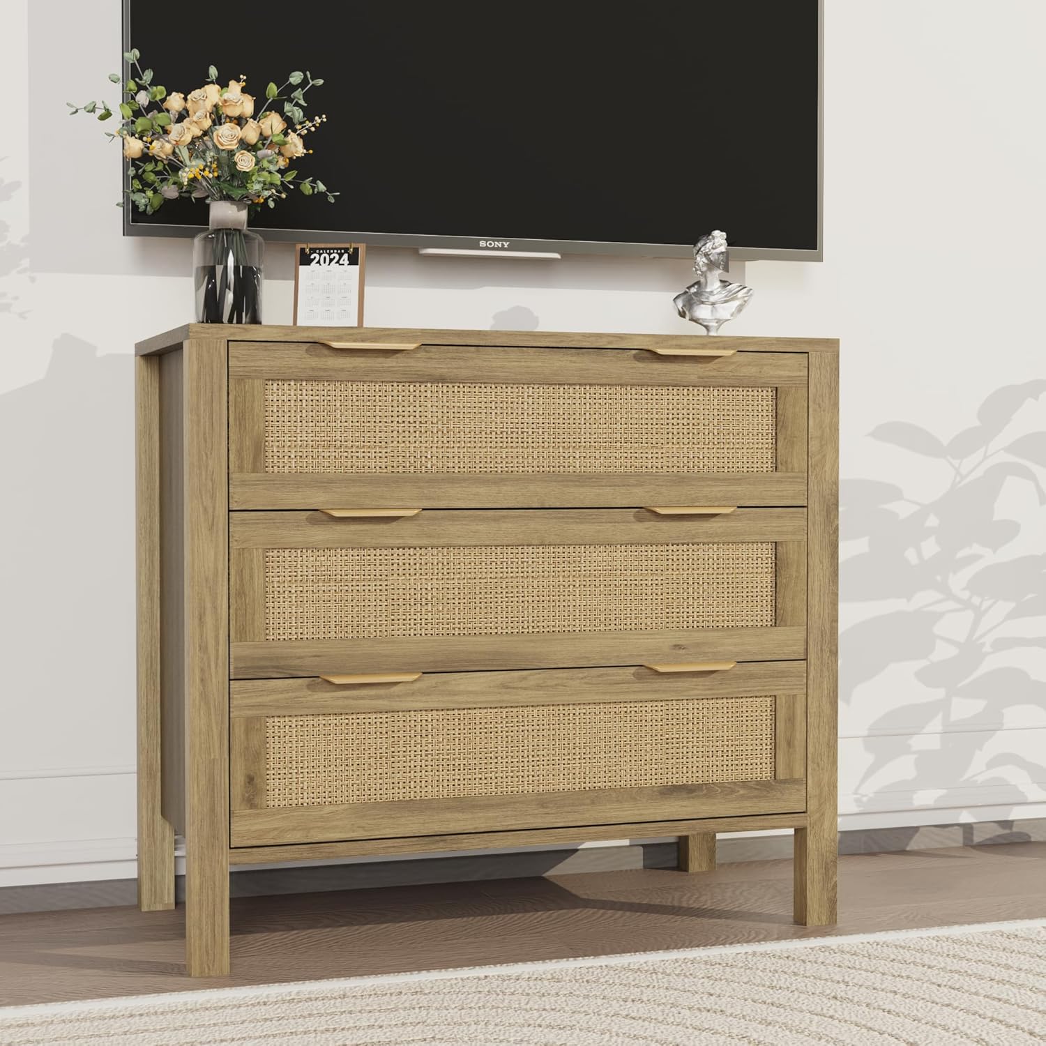 KIGOTY 3 Drawers Rattan Dresser for Bedroom, Wooden Dressers, Boho Rattan Dressers & Chests of Drawers, Night Stand with Golden Handles, Storage Cabinet with Drawers,15.7" D x 32.1" W x 29.1" H