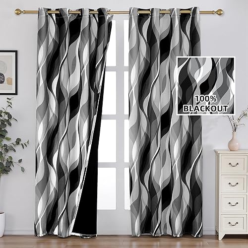 Miniatura 2 de weesire Cortinas opacas modernas a rayas negras y grises, decorativas, 100% bloqueo de luz, con ojales, para sala de estar, villa, dormitorio, juego